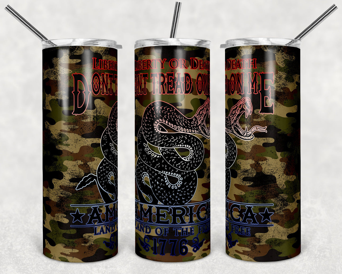 20 oz Skinny Tumbler Sublimation Design Template Don't Tread on Me Camo Red White Blue Design