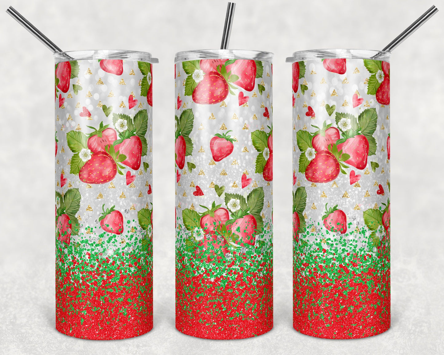 20 oz Skinny Tumbler Strawberry Glitter Lime and Red Sublimation Design