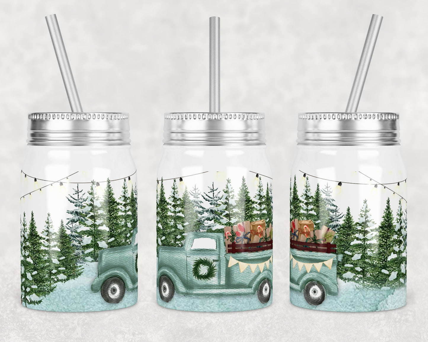 17 oz Mason Jar Tumbler Sublimation Design Template Christmas Winter Teal Truck Gifts Design Instant