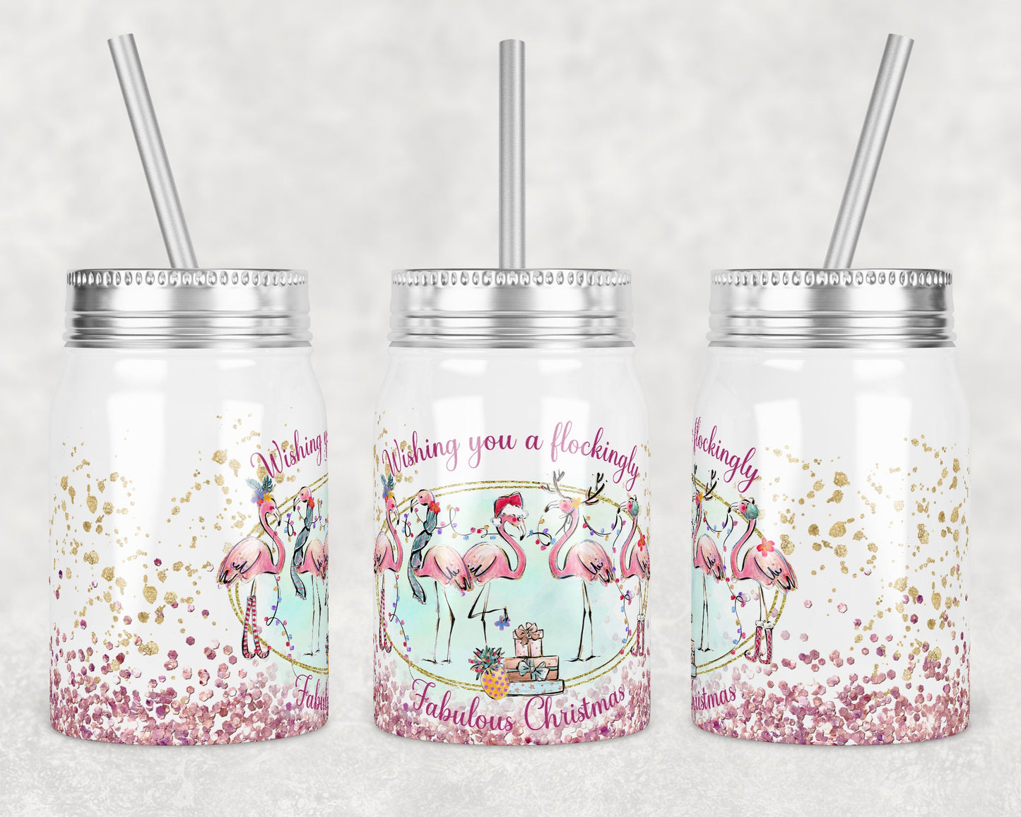 17 oz Mason Jar Tumbler Sublimation Design Template Christmas Winter Flamingos Flamingo Design Instant