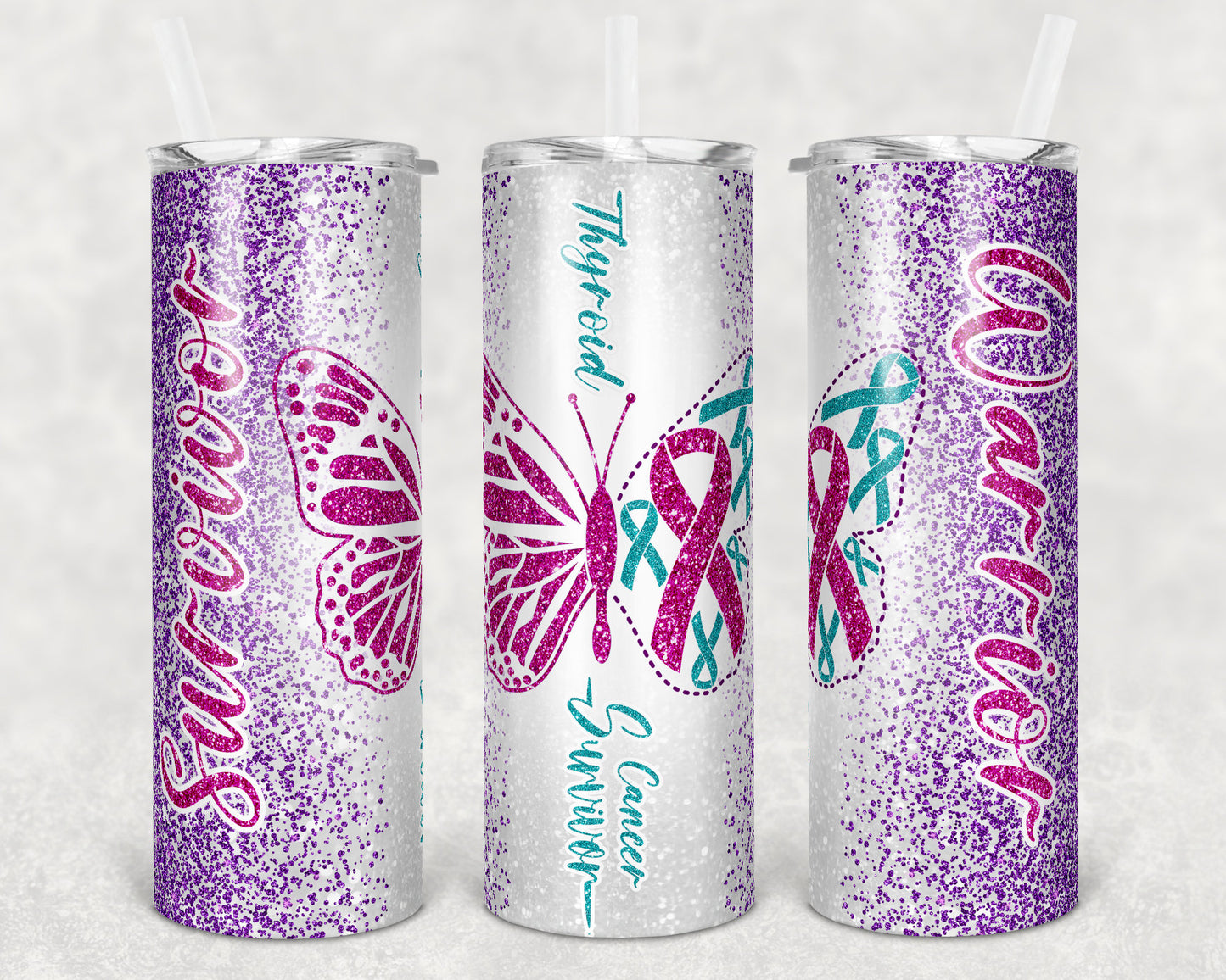 20 oz Skinny Tumbler Sublimation Glitter Thyroid Cancer Warrior Survivor Teal Pink Straight Warped Design