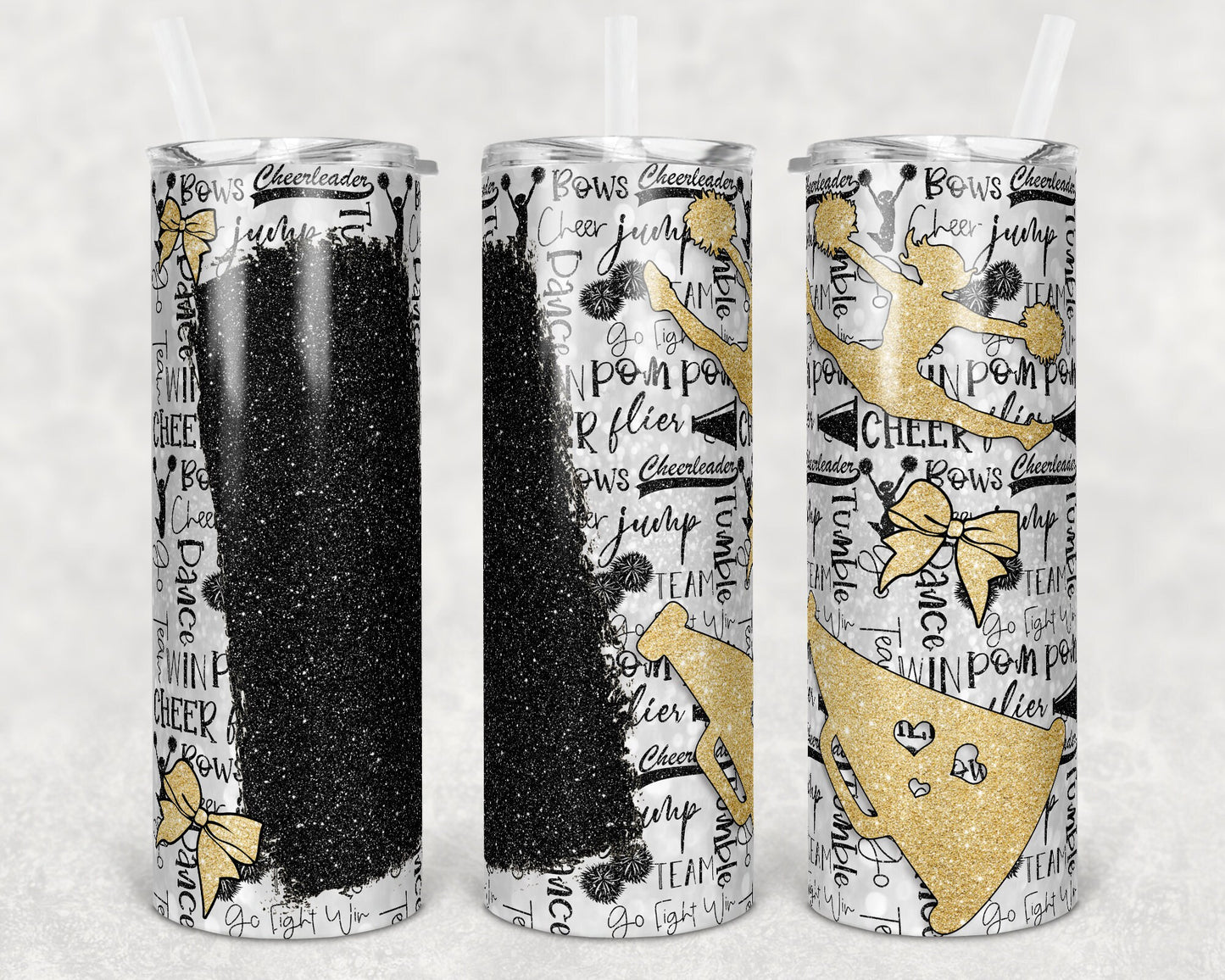 20 oz Skinny Tumbler Cheer Blank for Name Glitter Gold Black Sublimation Design