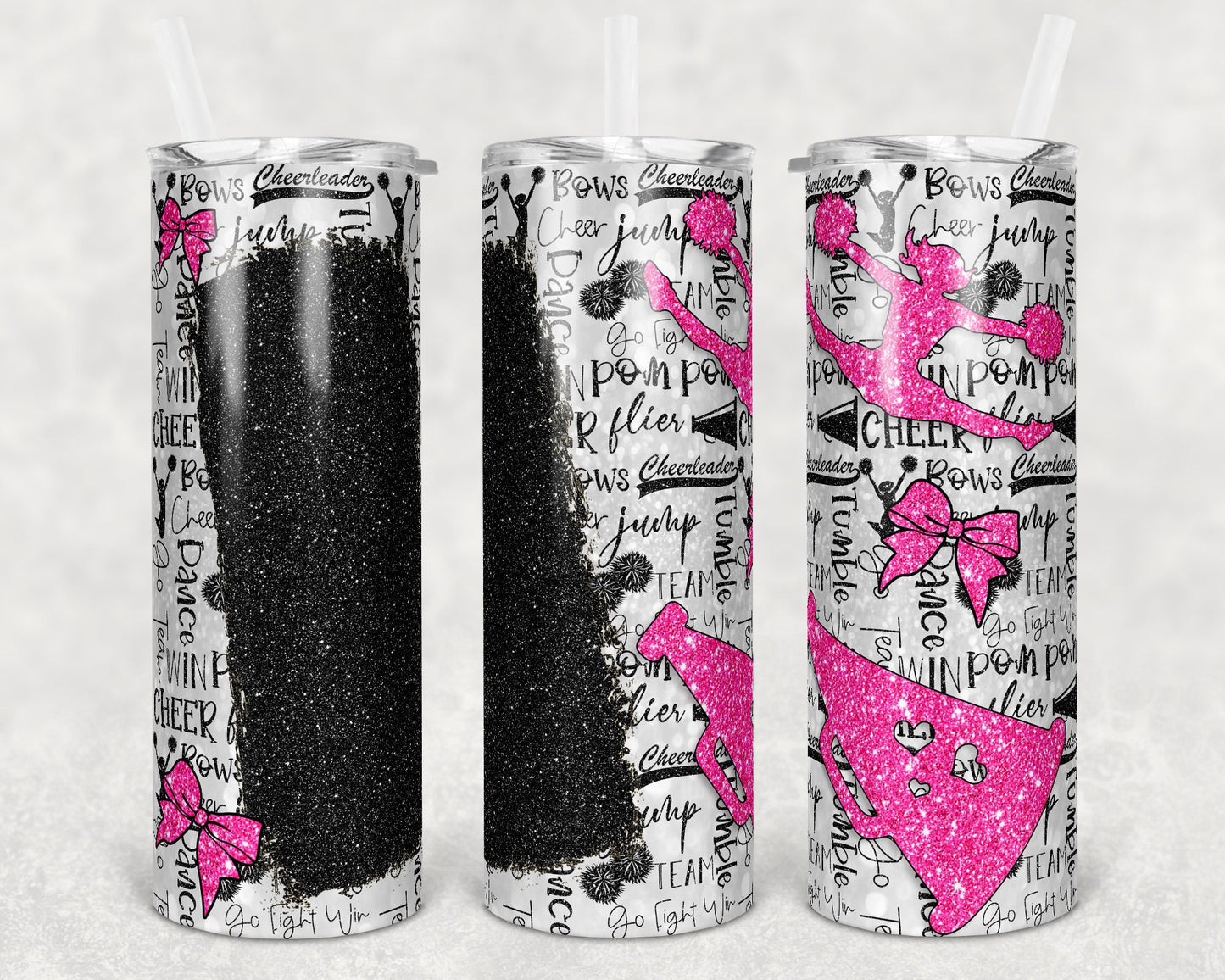 20 oz Skinny Tumbler Cheer Blank for Name Glitter Pink Black Sublimation Design