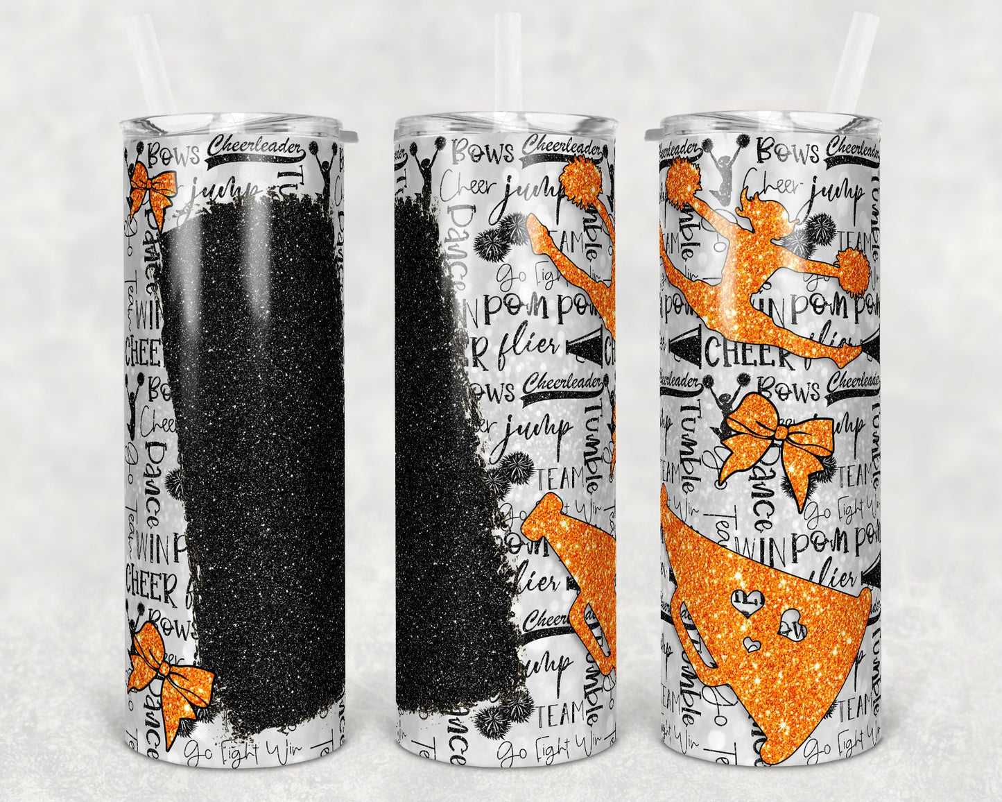 20 oz Skinny Tumbler Cheer Blank for Name Glitter Orange Black Sublimation Design