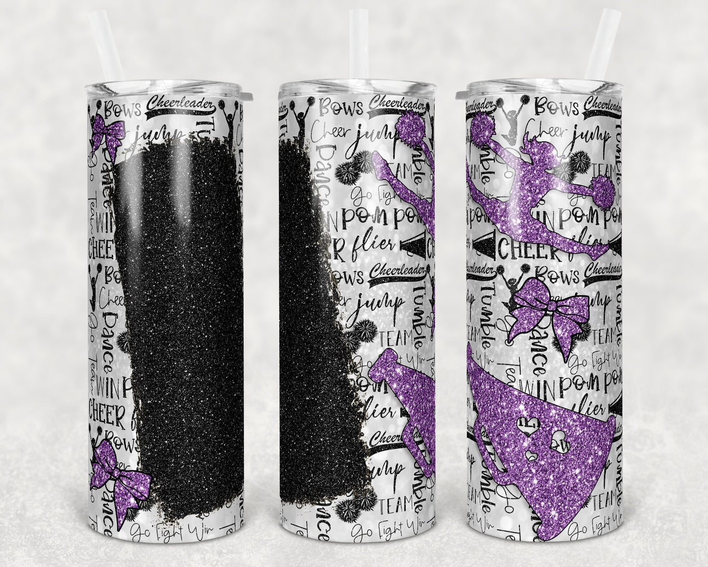 20 oz Skinny Tumbler Cheer Blank for Name Glitter Lavender Purple Black Sublimation Design