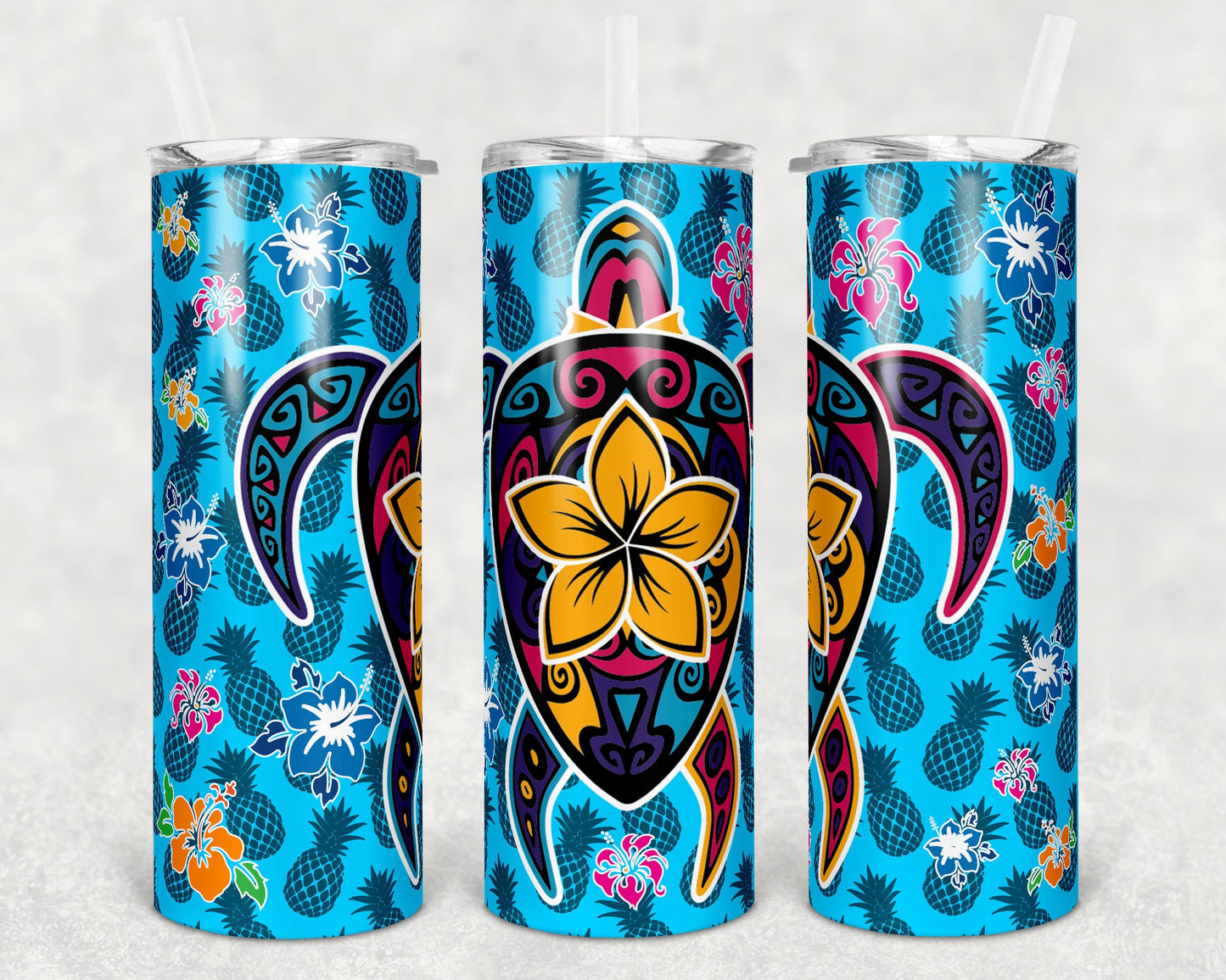 20 oz Skinny Tumbler Sublimation Design Template Hawaiian Turtle and Flowers Bright teal Tiki Luau