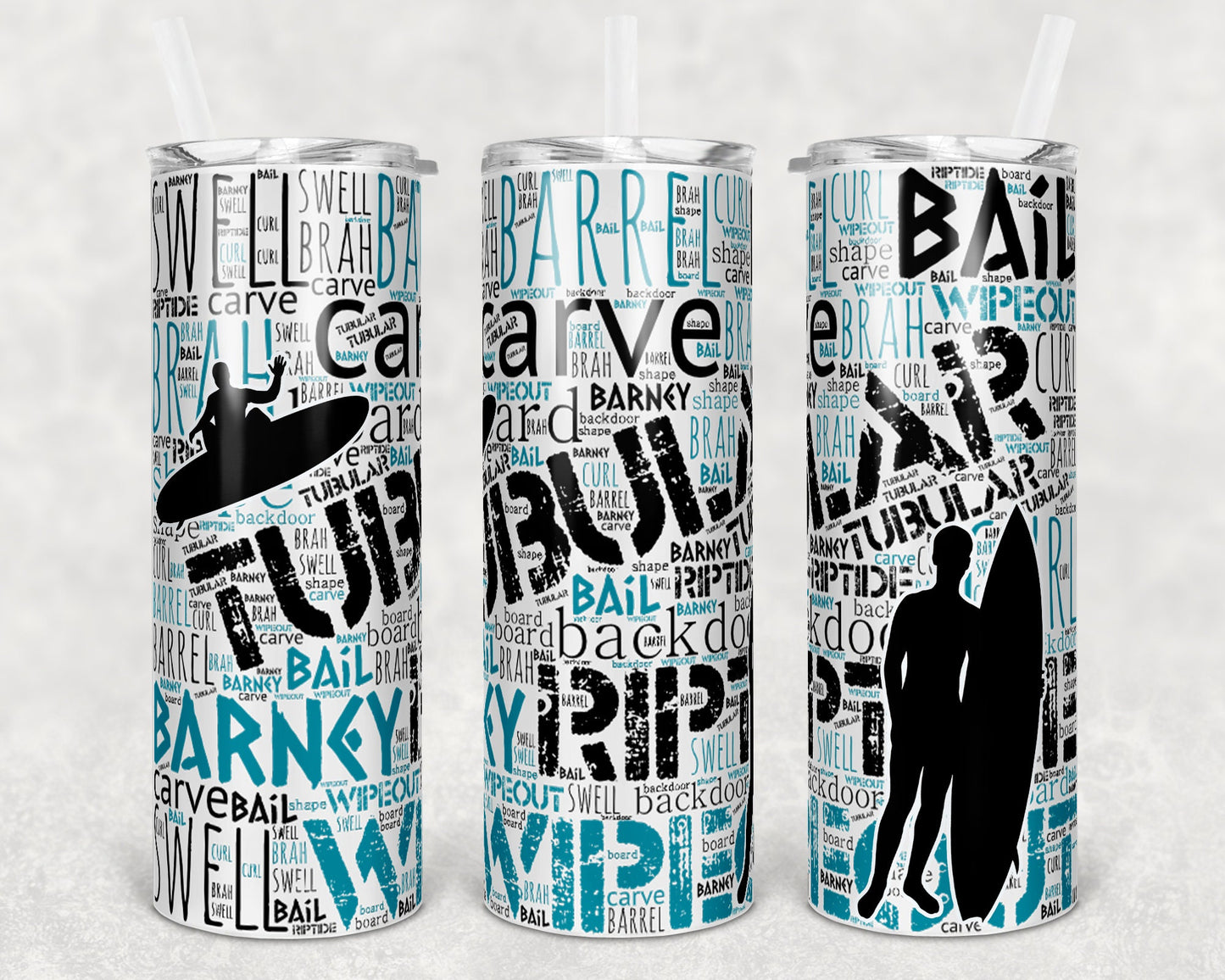 20 oz Skinny Tumbler Ocean Beach Waves Background Surf Board Surfing Male Surfer Word Art Sublimation Design
