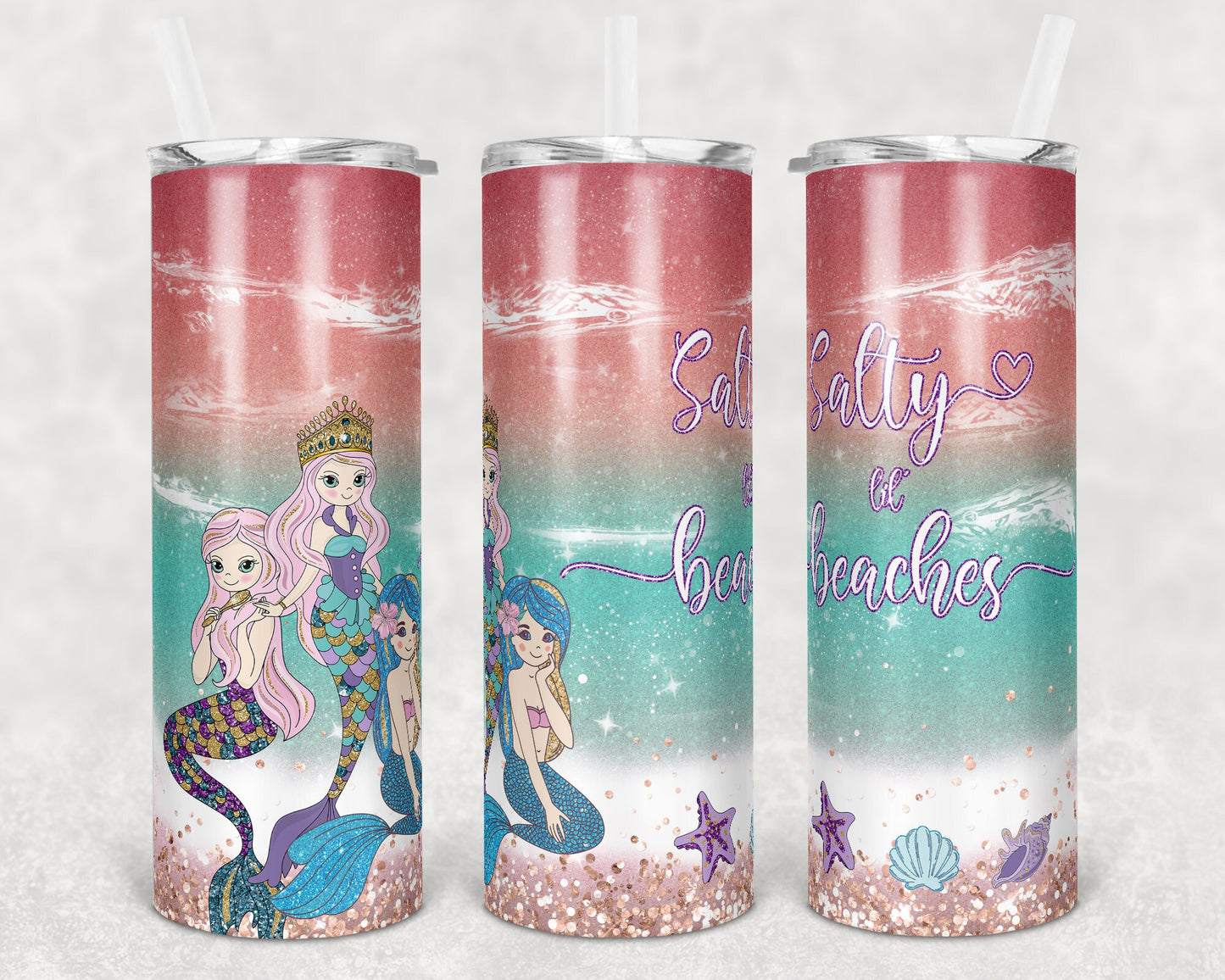 20 oz Skinny Tumbler Sublimation Design Template Glitter Mermaid Pastel Beach Salty Lil Beaches