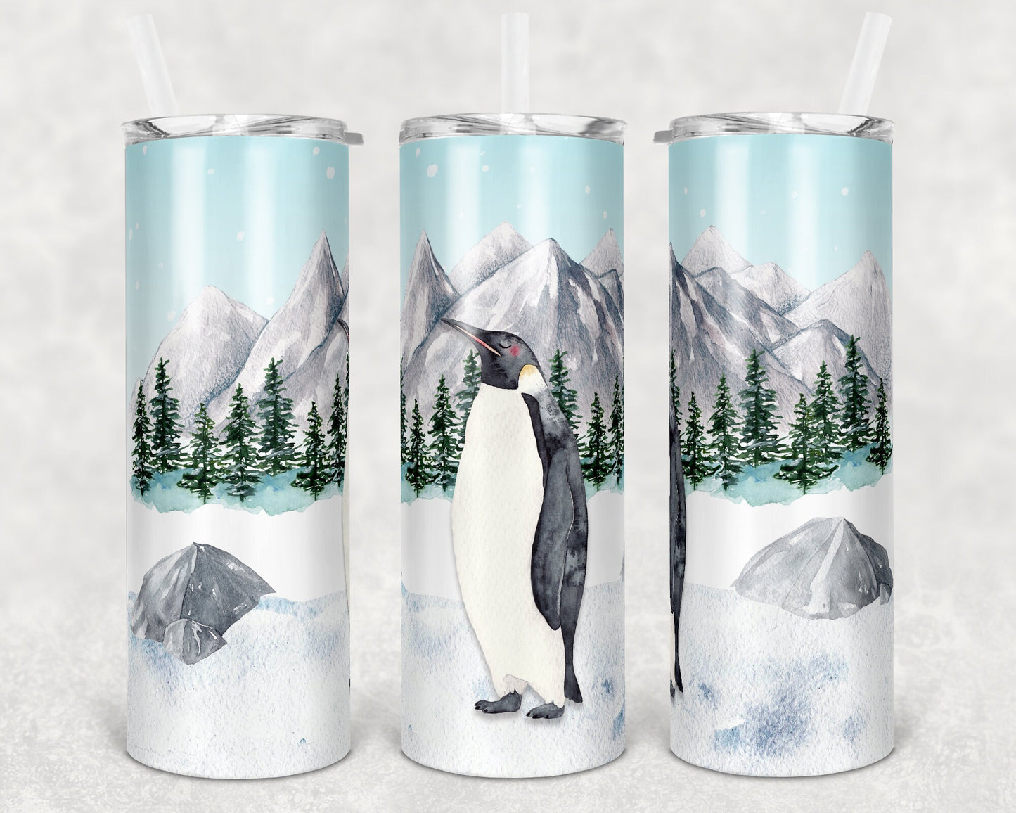 20 oz Skinny Tumbler Sublimation SEAMLESS Winter Penguin Arctic Scene Design Template Straight Warped
