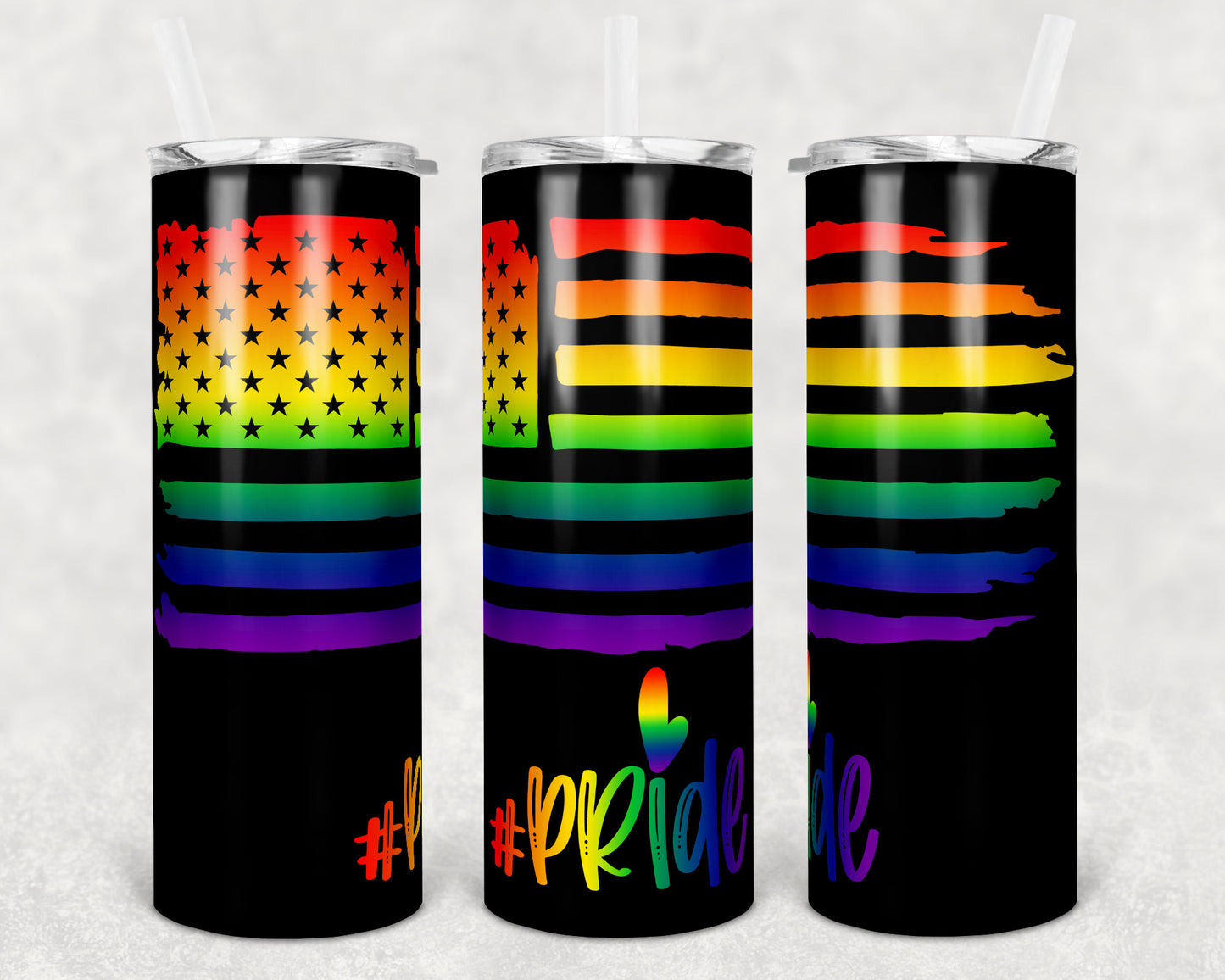 20 oz Skinny Tumbler Sublimation Design Template Gay Pride Flag Rainbow Black Glitter Design