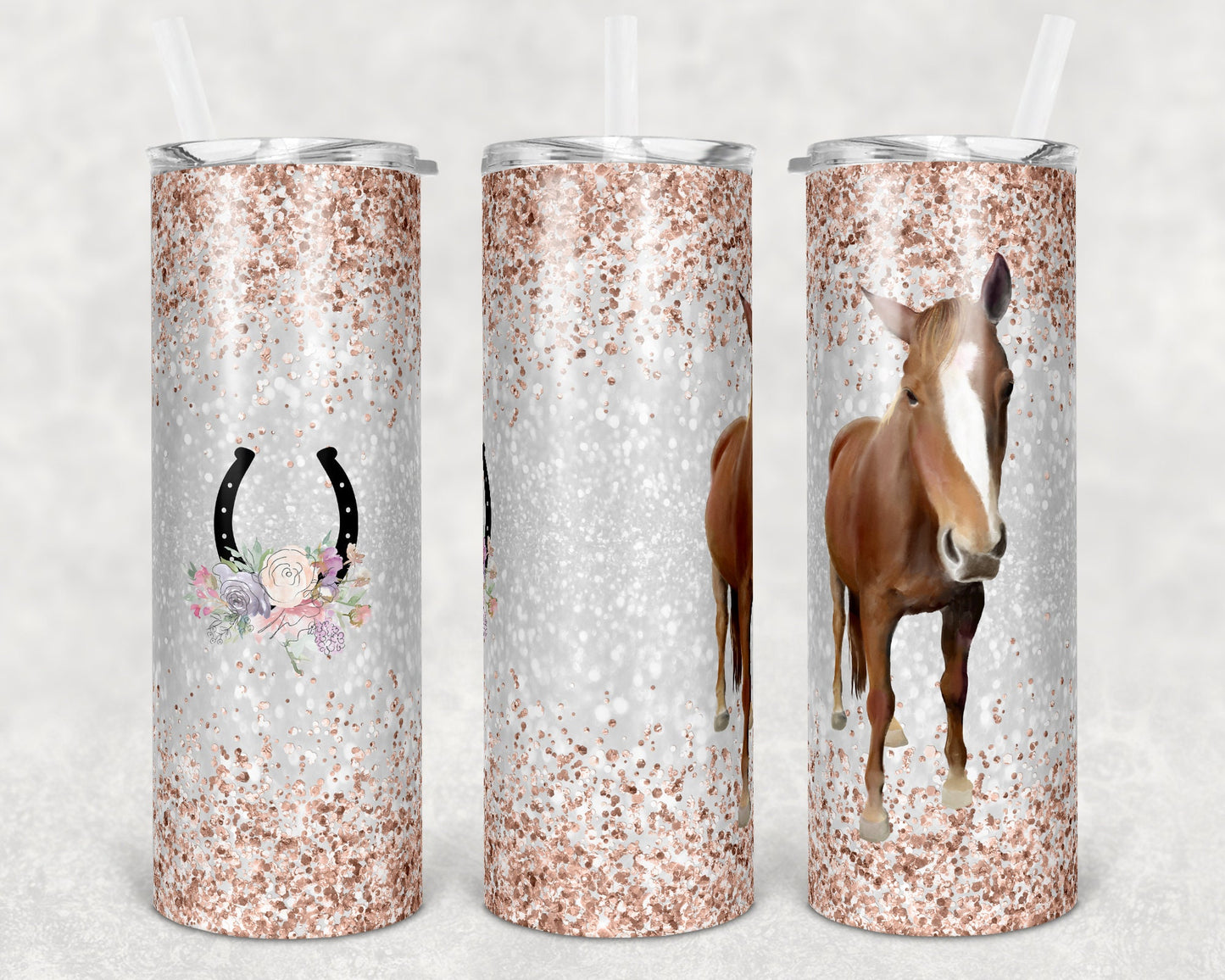 20 oz Skinny Tumbler Sublimation Glitter Horse horseshoe add your own text to personalize Straight Design tumblers