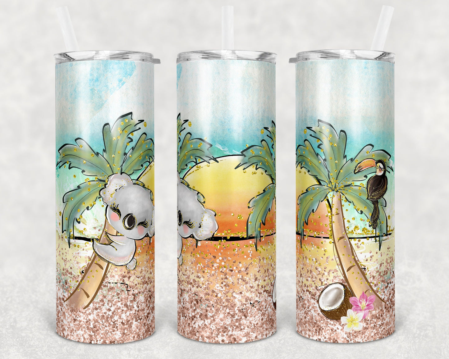 20 oz Skinny Tumbler Sublimation Tropical Koala Tropical Beach Design Template Straight Glitter