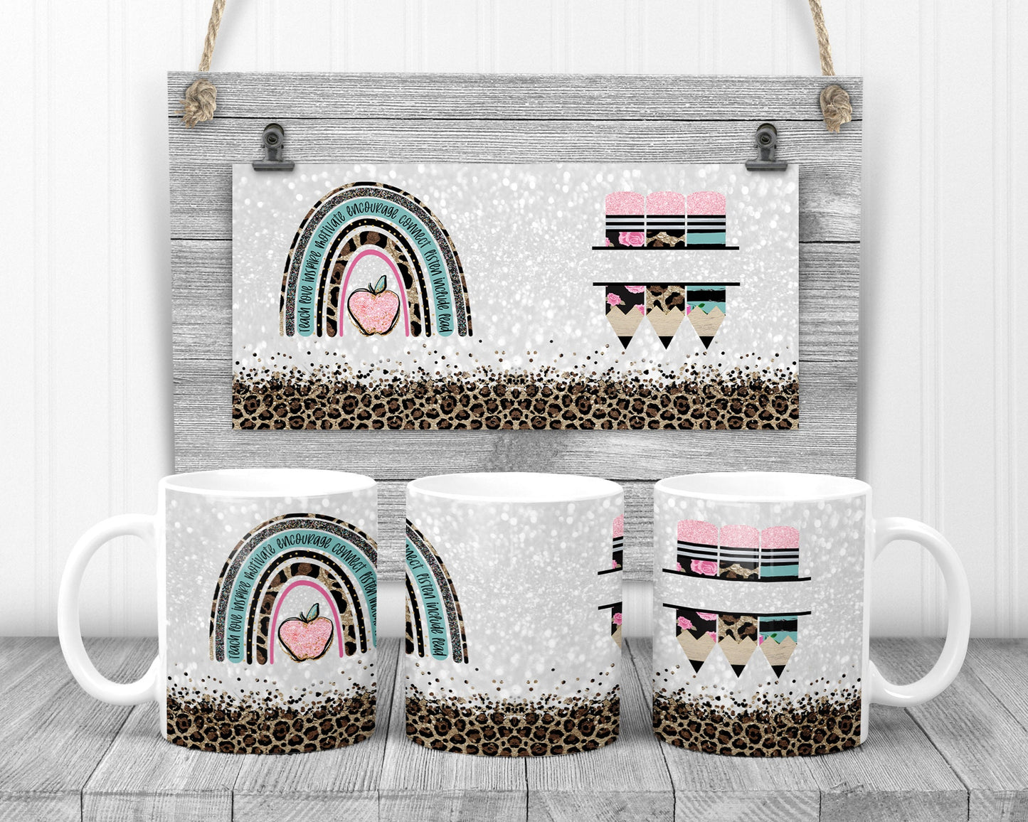 Sublimation Coffee Mug Teacher Life Leopard Pencil Monogram Sublimation Design Design