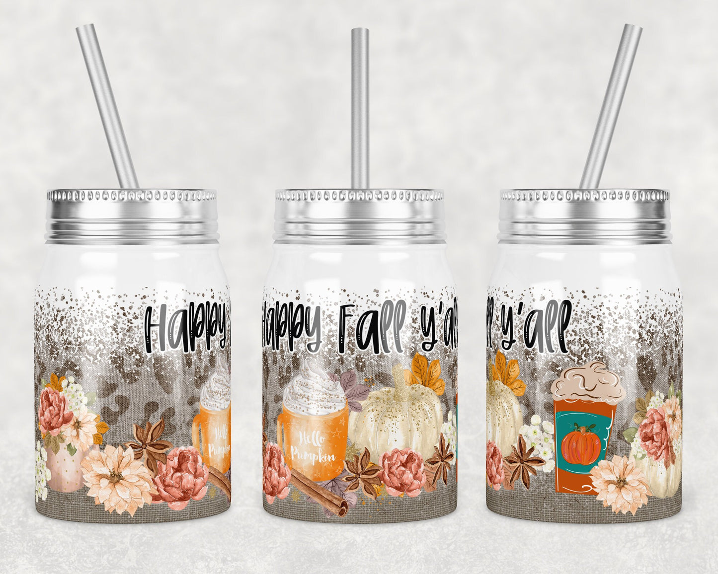 17 oz Mason Jar Tumbler Sublimation Design Template Happy Fall Y'all Pumpkin Burlap Leopard Design Instant