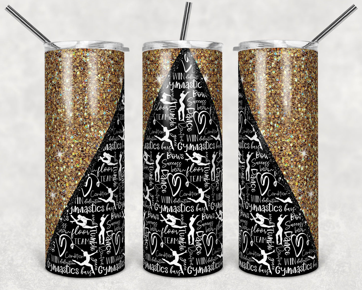 20 oz Skinny Tumbler Sublimation Design Template Gymnastics Glitter V Gold Straight Design