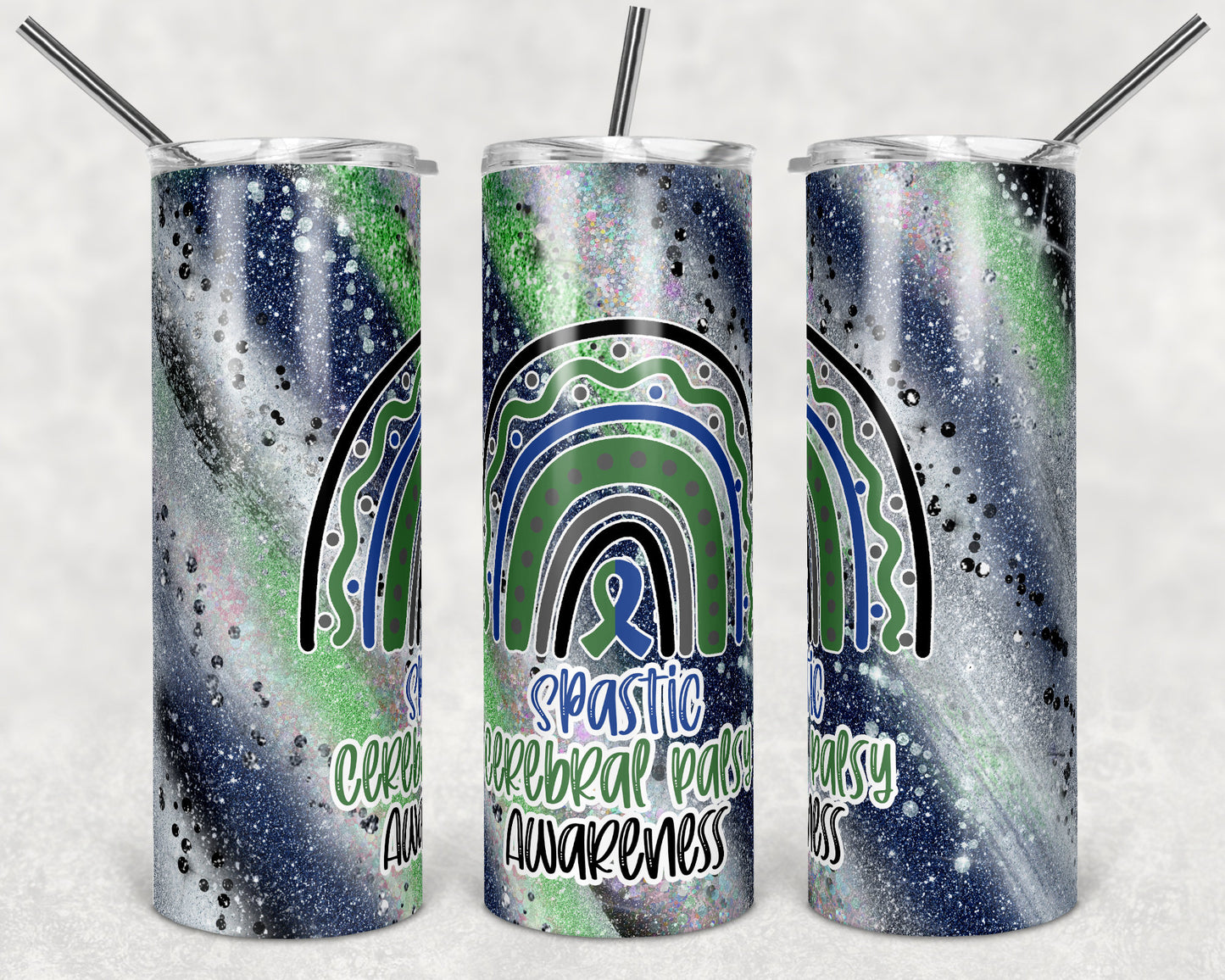 20 oz Skinny Tumbler Sublimation Glitter Spastic Cerebral Palsy Awareness Straight and Warped Design