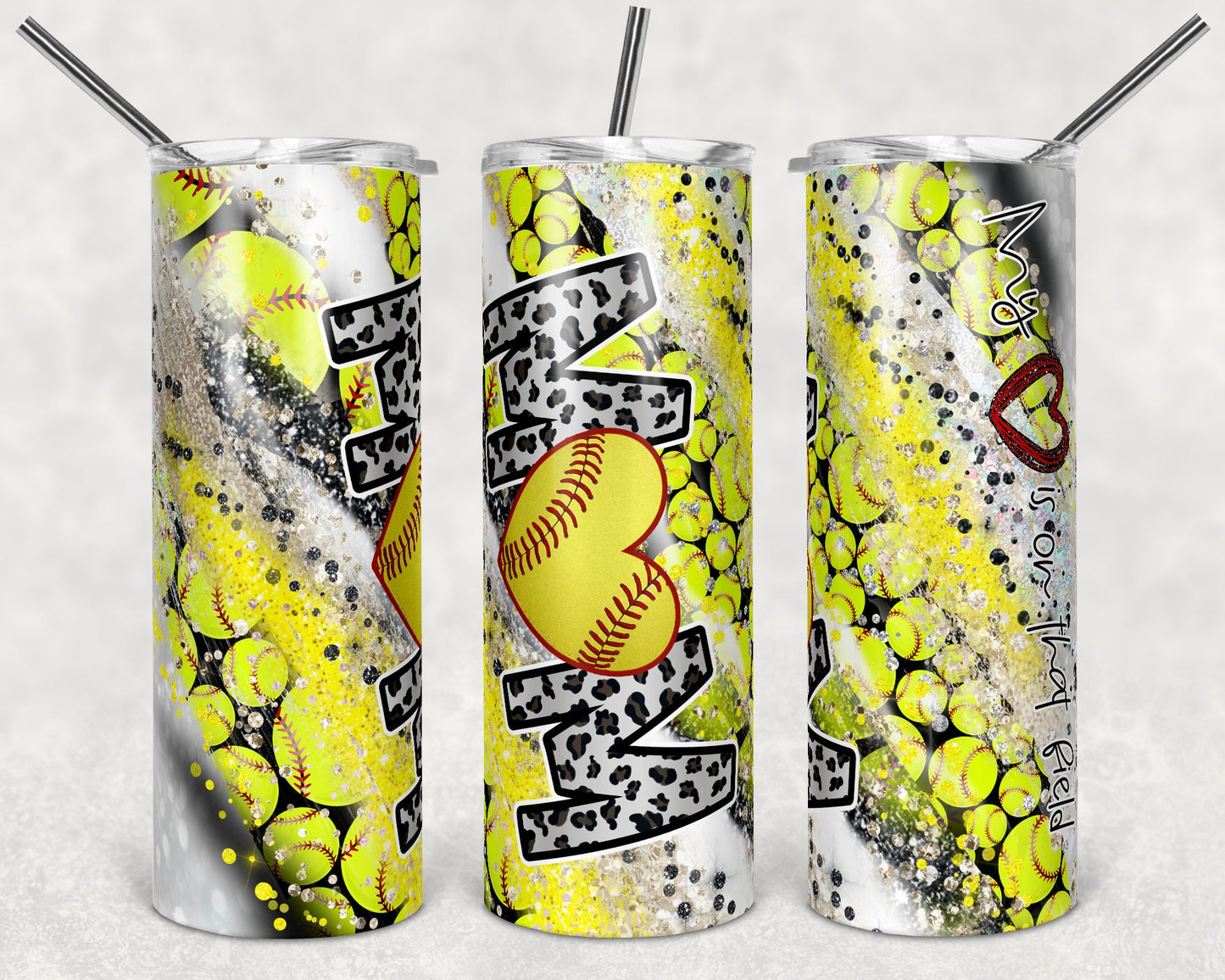 20 oz Skinny Tumbler Softball Mom Glitter Heart on Field Milkyway Sublimation Design Template Design