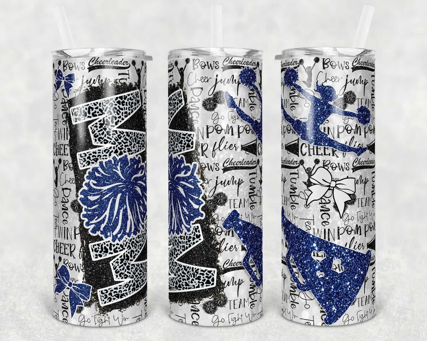 20 oz Skinny Tumbler Cheer Mom Glitter Blue White Sublimation Design Print Transfer