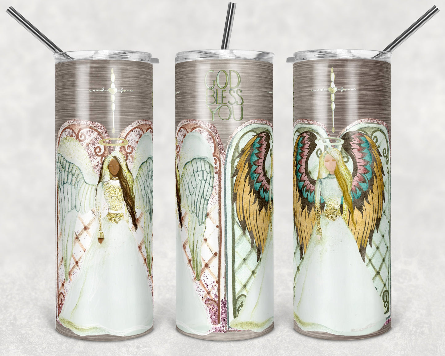20 oz Skinny Tumbler Angel Tumbler with cathedral windows Wings Glitter and faux metal Sublimation Design