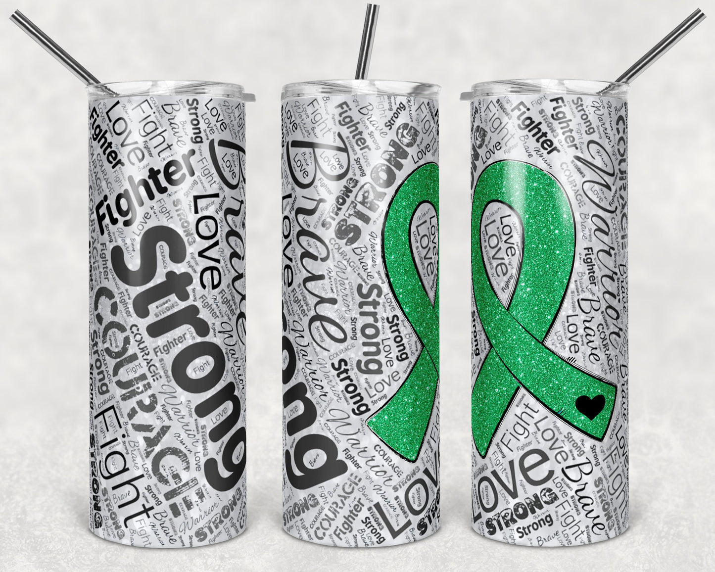 20 oz Skinny Tumbler Sublimation Glitter Awareness Ribbon Word Art Mental Health Green Straight Warped Design