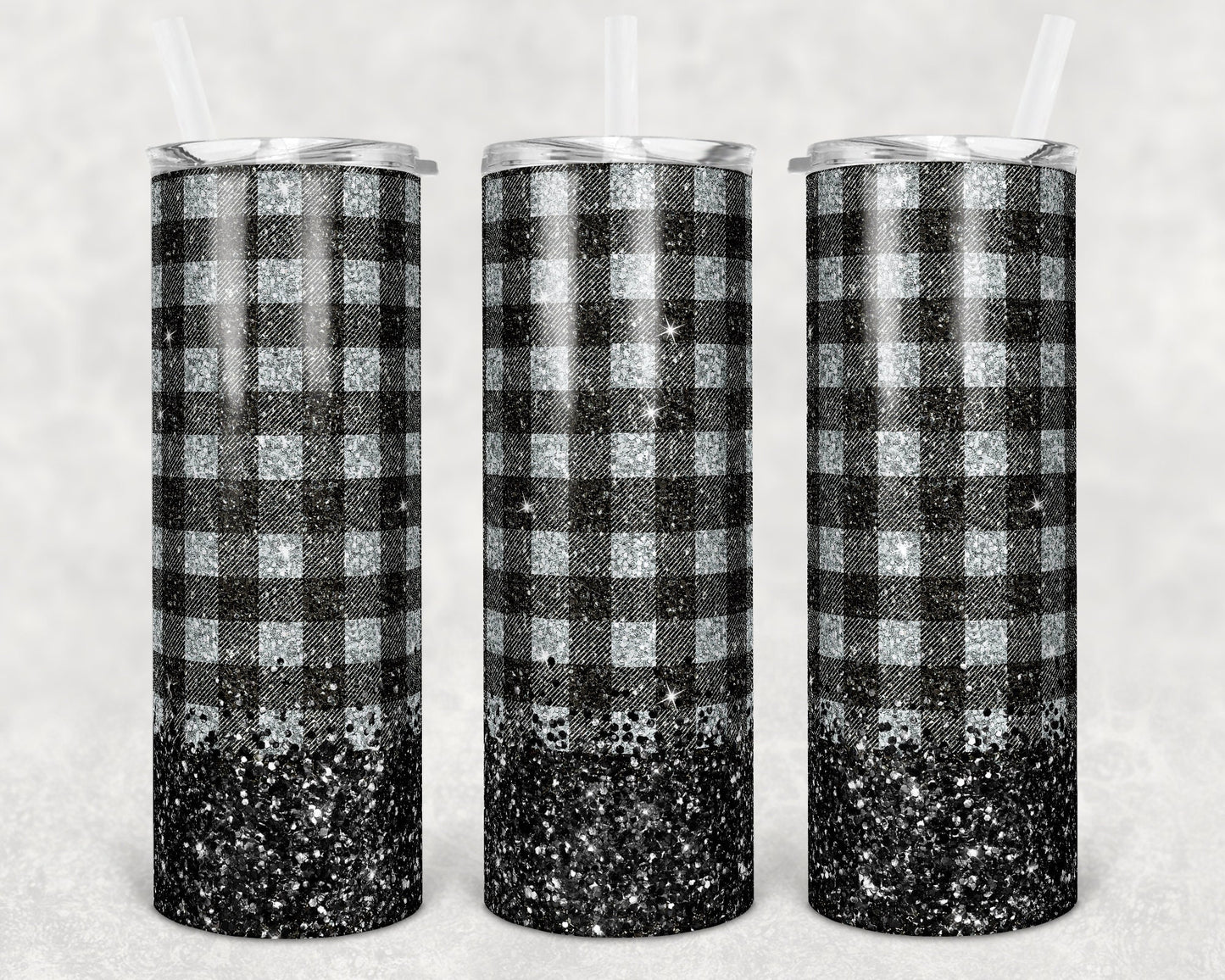 20 oz Skinny Tumbler Sublimation Design Template Silver Buffalo Plaid Glitter Overlay Design