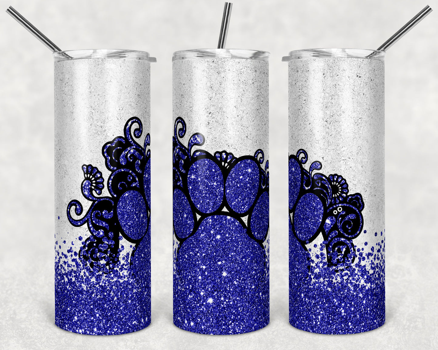 20 oz Skinny Tumbler Sublimation Template Blue Glitter Paw Scroll Straight and Warped Design