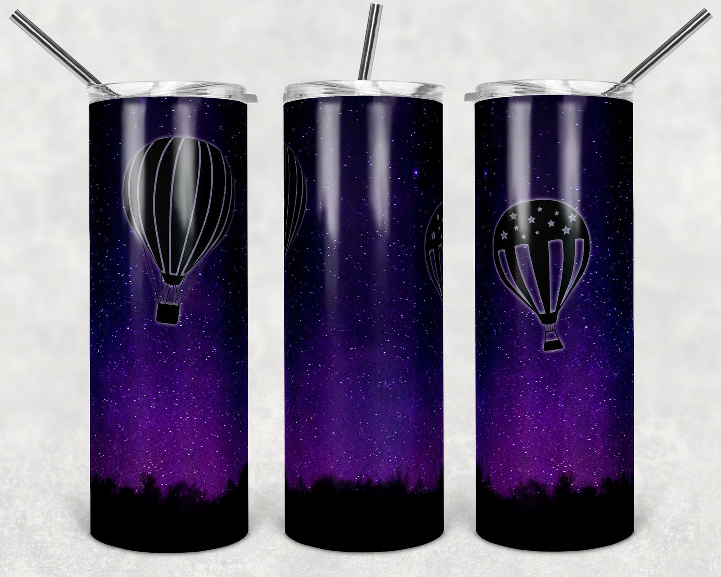 20 oz Skinny Tumbler Sublimation Design Galaxy Night Sky Hot Air Balloon Silhouette tumblers
