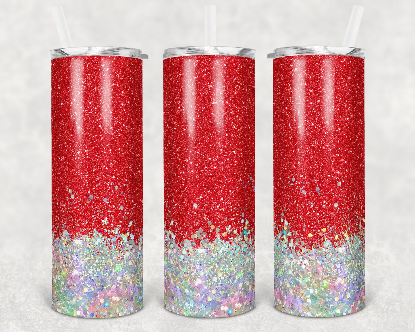 20 oz Skinny Tumbler Sublimation Design Template Glitter Red Holographic White Straight and Warped Design