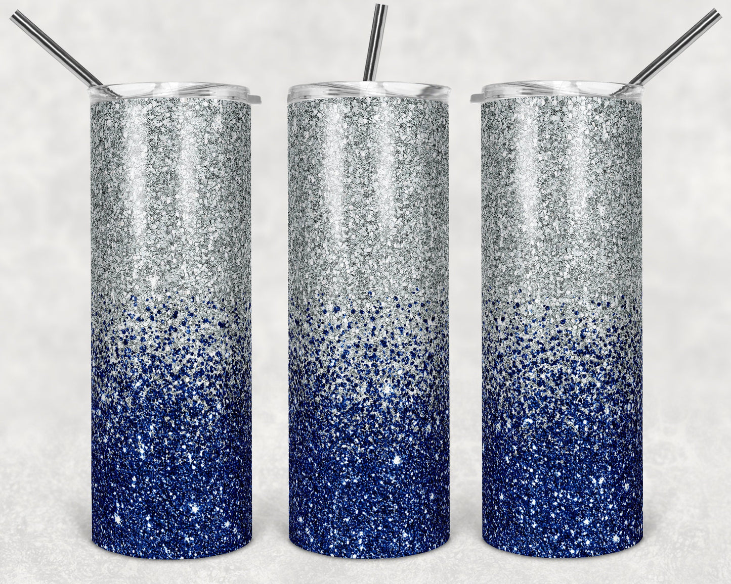 20 oz Skinny Tumbler Sublimation Design Template Glitter Ombre Blue Silver color Straight Design
