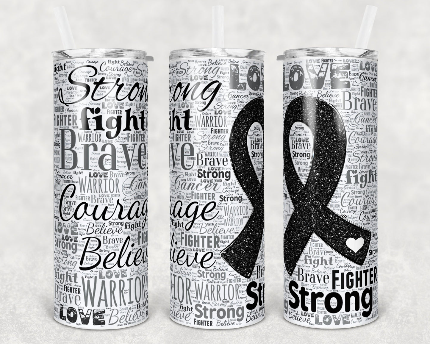 20 oz Skinny Tumbler Sublimation Glitter Awareness Ribbon Word Art Skin Cancer Black Straight Design tumblers