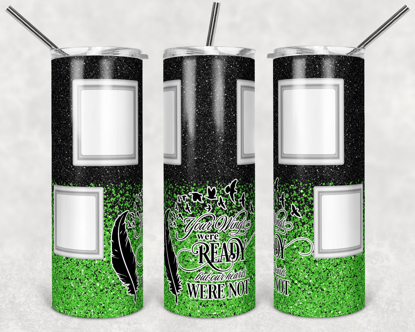 20 oz Skinny Tumbler Memorial with Pictures Black Lime Glitter Wings Were Ready Sublimation Design