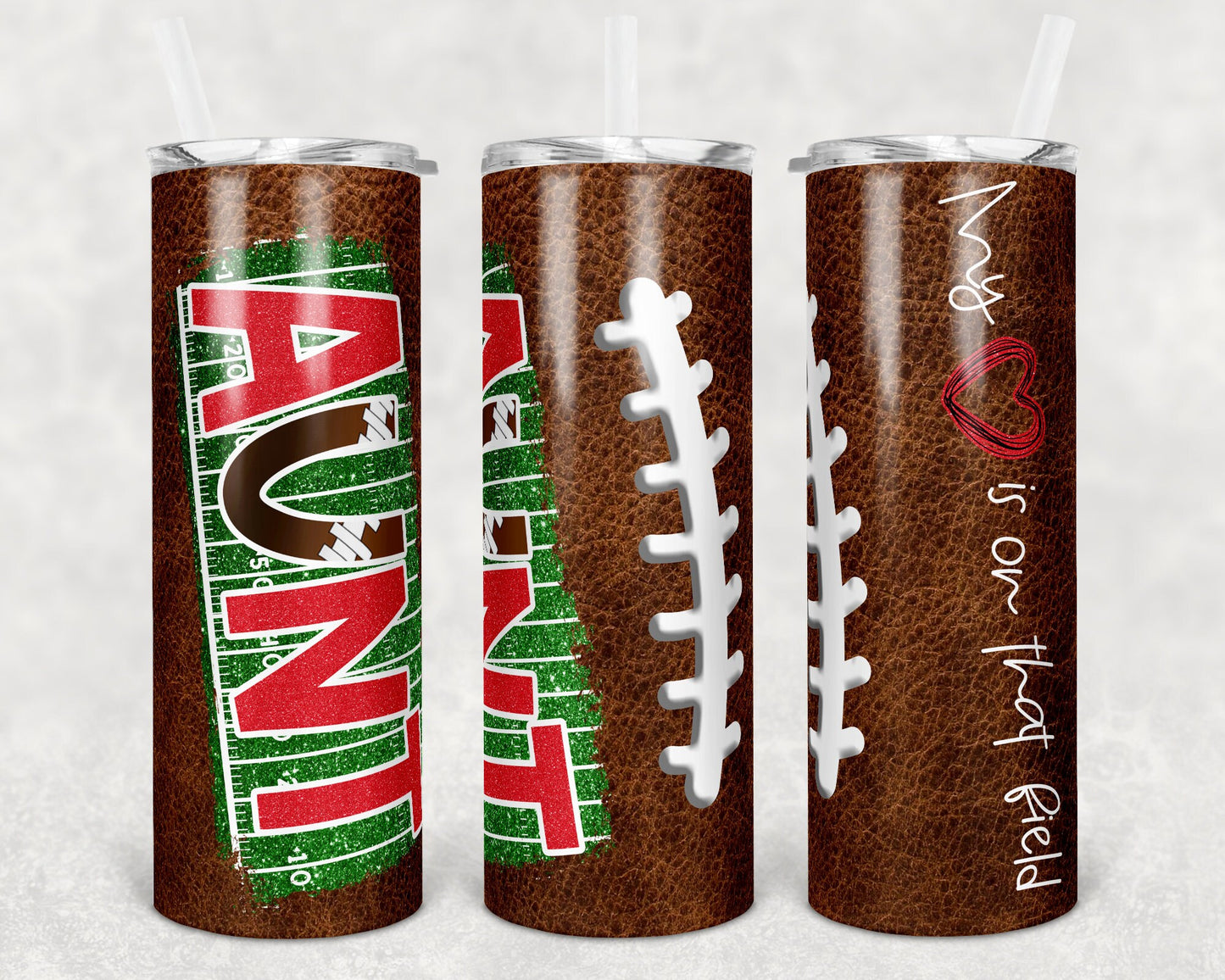 20 oz Skinny Tumbler Football Aunt Heart on Field Leather Sublimation Design Template Design