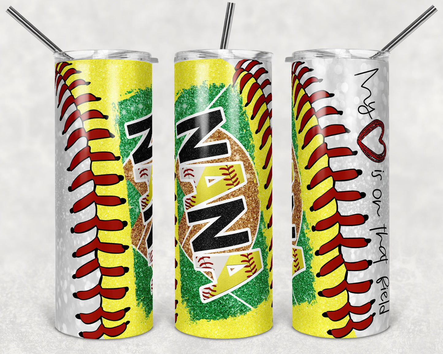 20 oz Skinny Tumbler Softball Baseball Nana Glitter Heart on Field Laces Sublimation Design