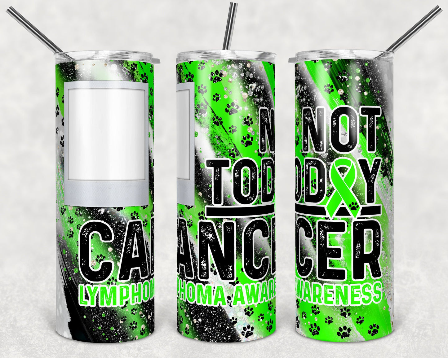 20 oz Skinny Tumbler Sublimation Milky Way Paw Print Lymphoma Awareness Cancer Lime Black Dog Straight Design