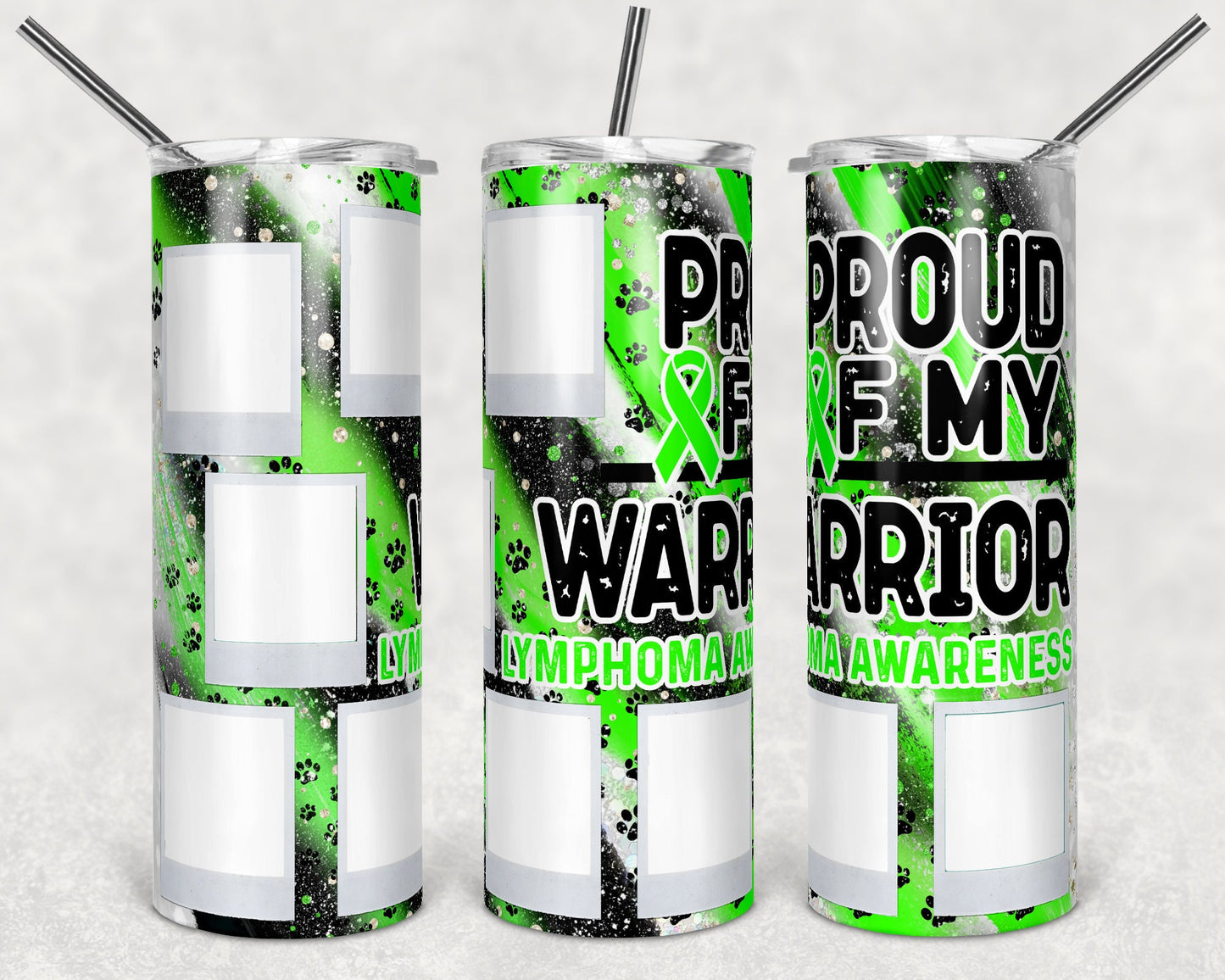 20 oz Skinny Tumbler Sublimation Milky Way Paw Print Lymphoma Awareness Cancer Lime Black Dog Straight Design