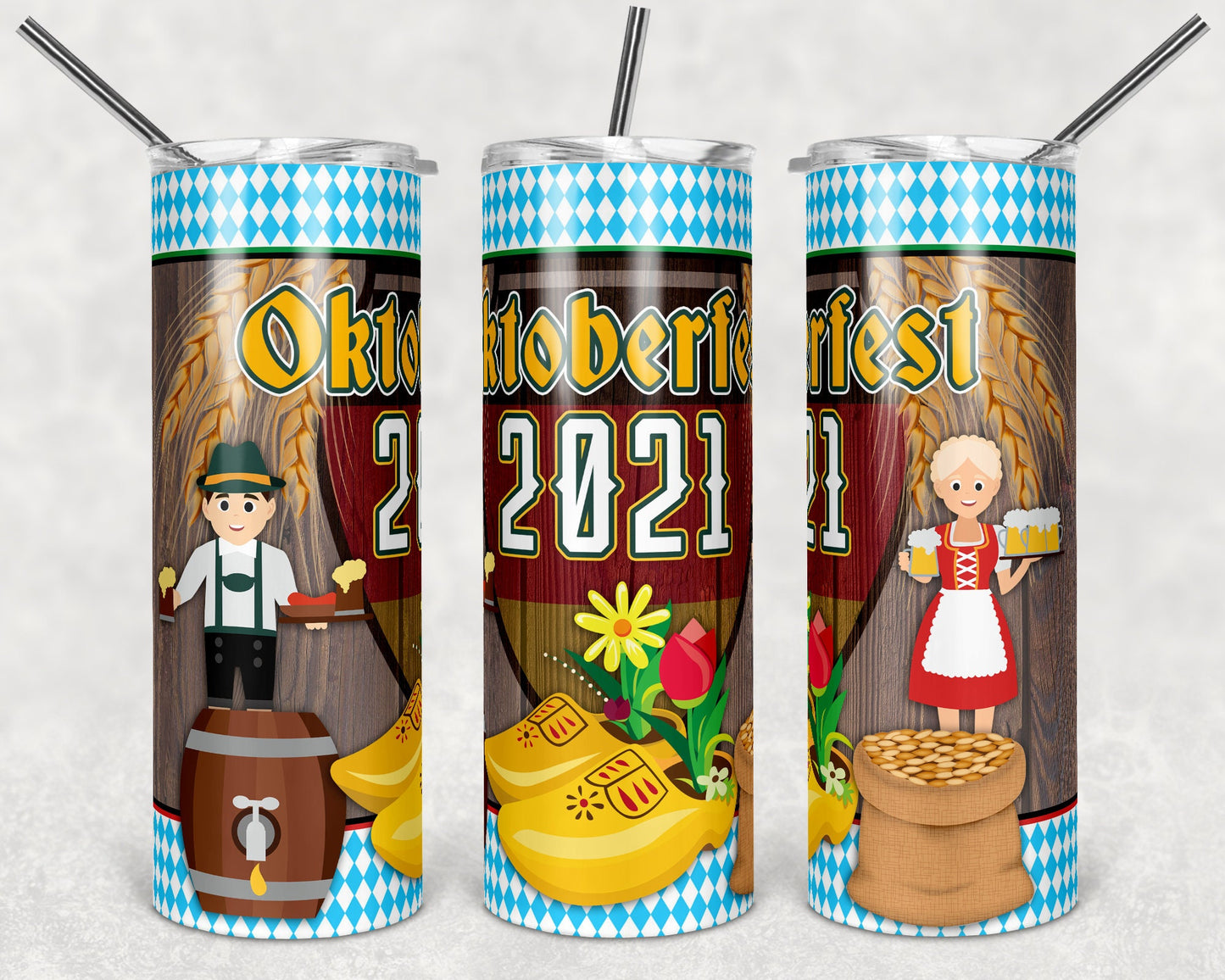 20 oz Skinny Tumbler Sublimation Design Template Oktoberfest German Theme Beer Straight and Warped Design