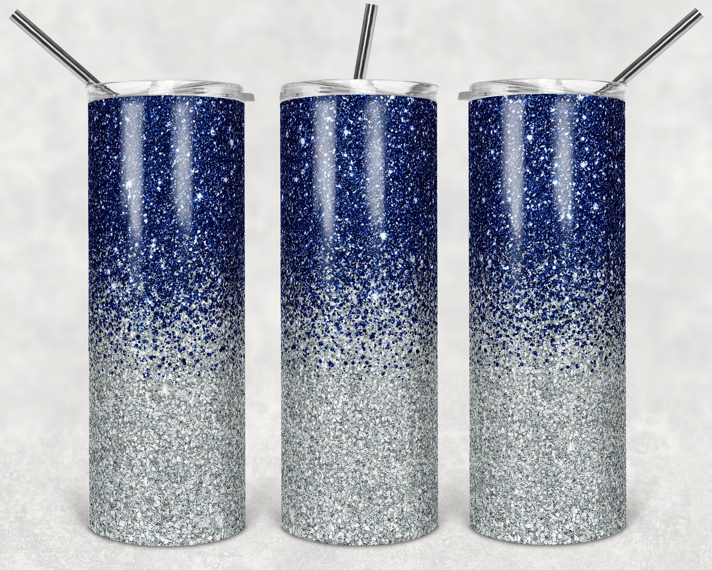 20 oz Skinny Tumbler Sublimation Design Template Glitter Ombre Navy Blue Silver color Straight Design