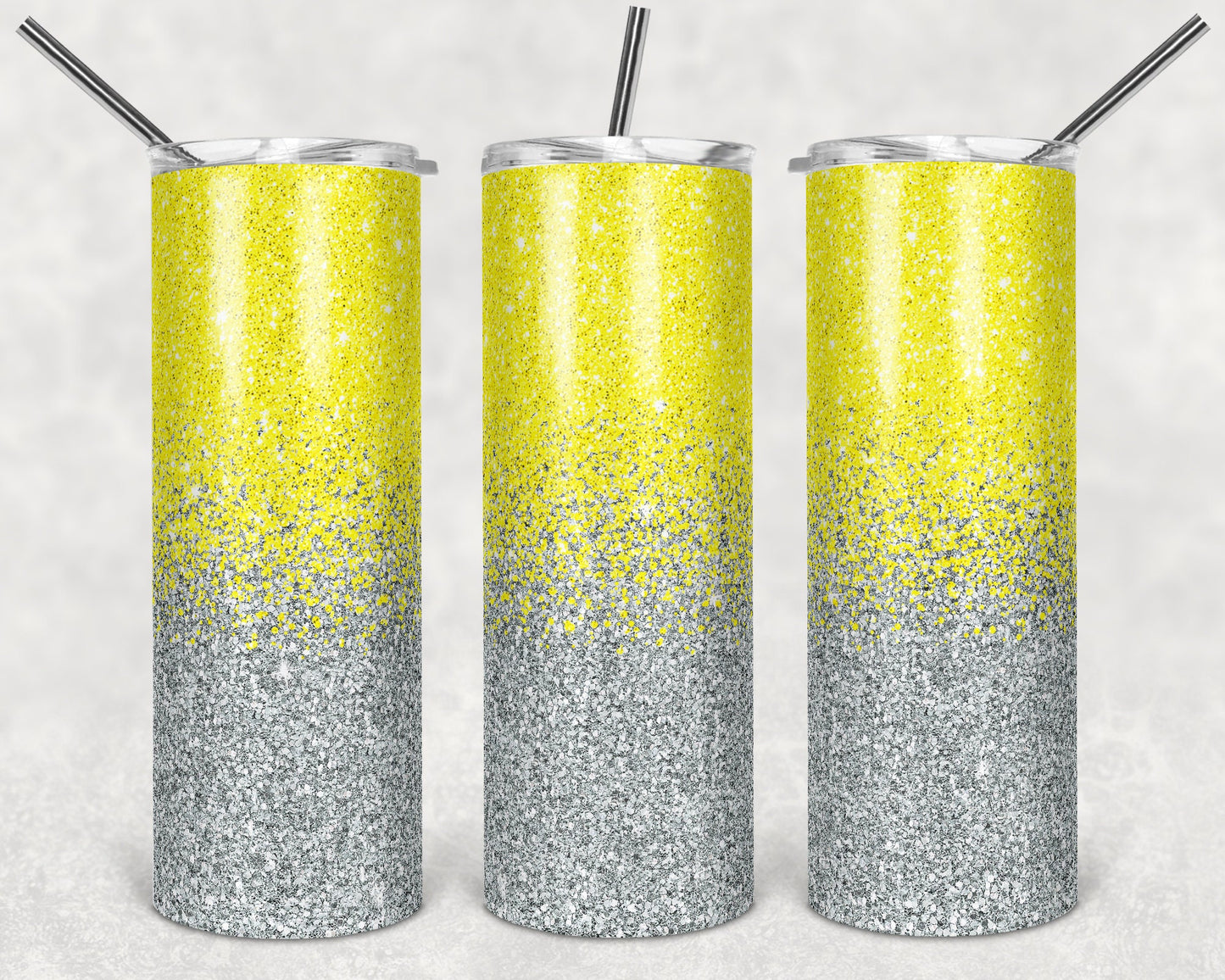 20 oz Skinny Tumbler Sublimation Design Template Glitter Ombre yellow to Silver color Straight Design