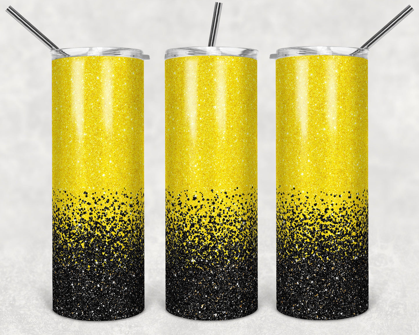 20 oz Skinny Tumbler Sublimation Design Template Glitter Bright Yellow Black Background Straight Design