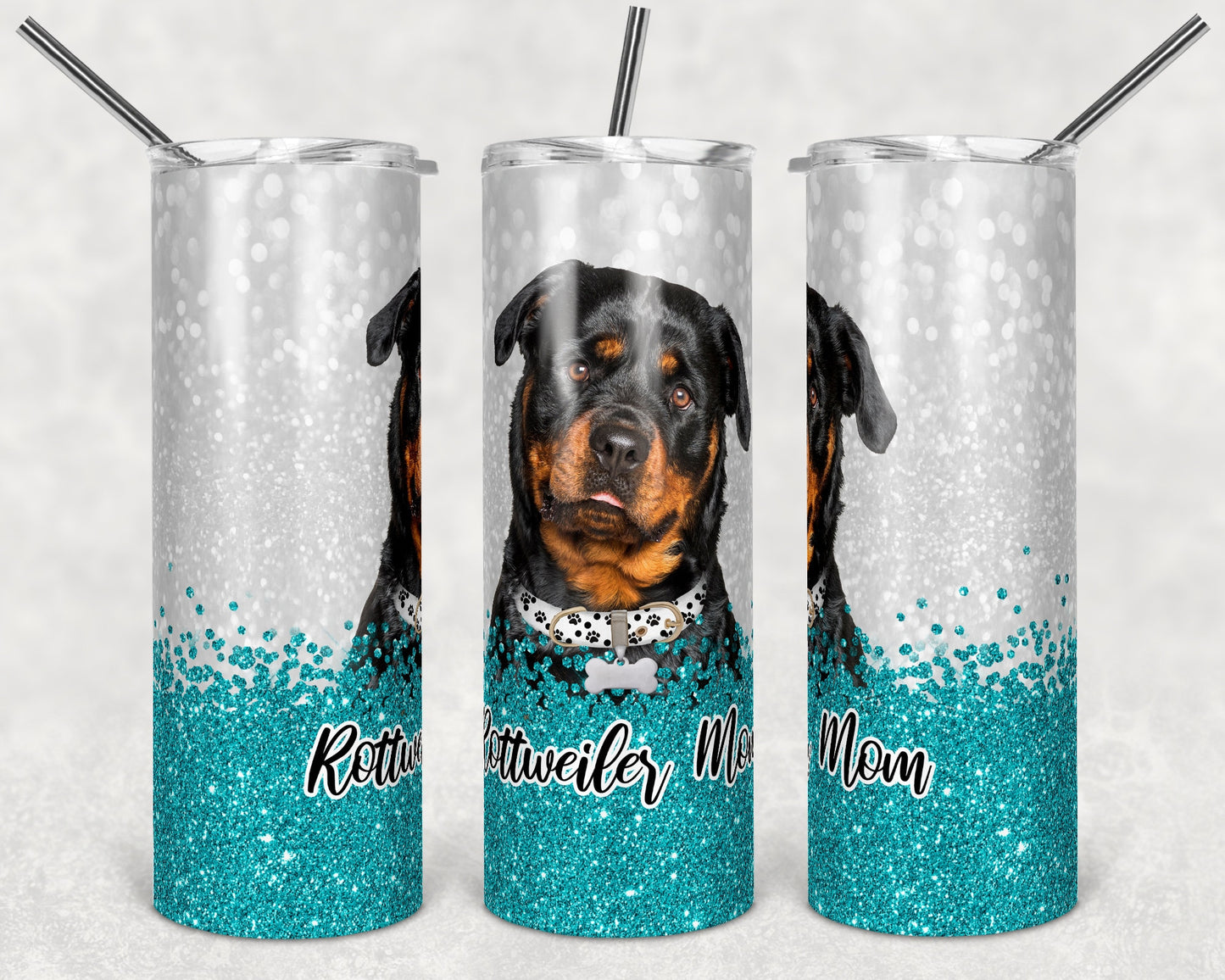 20 oz Skinny Tumbler Sublimation Rottweiler Dog Mom Glitter Teal Template Straight Warped Mothers Day Dog Mama