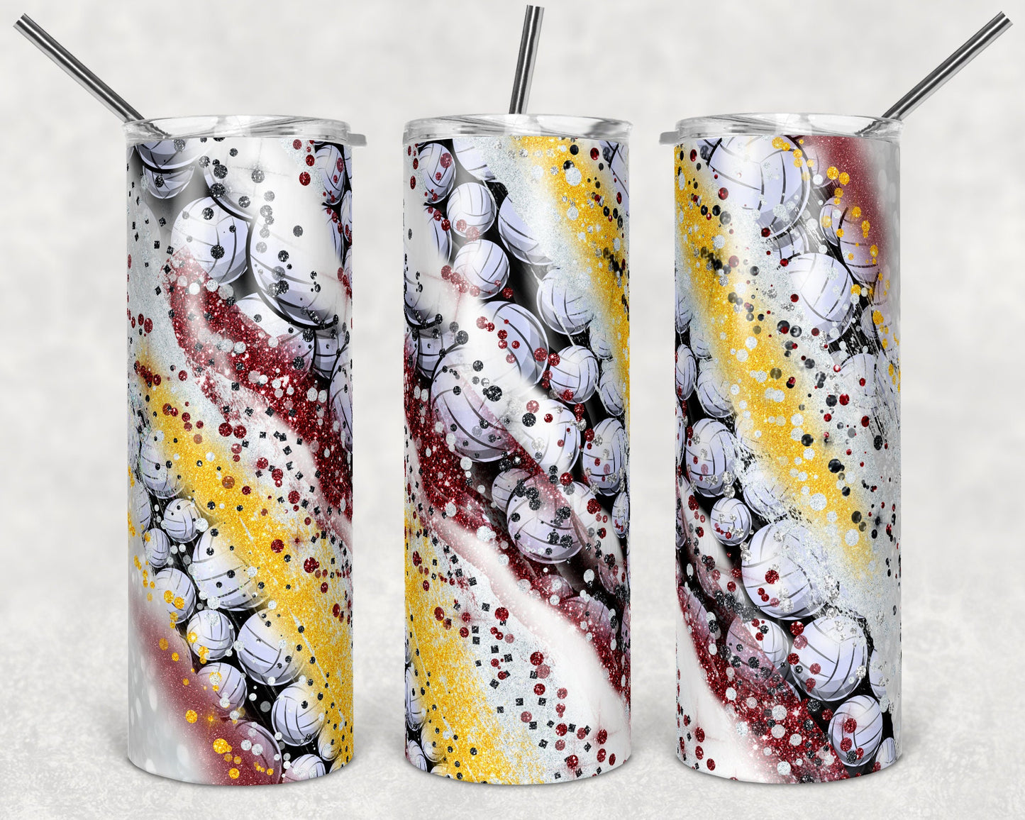 20 oz Skinny Tumbler Sublimation Template Milky Way Volleyball Maroon Gold Straight Design