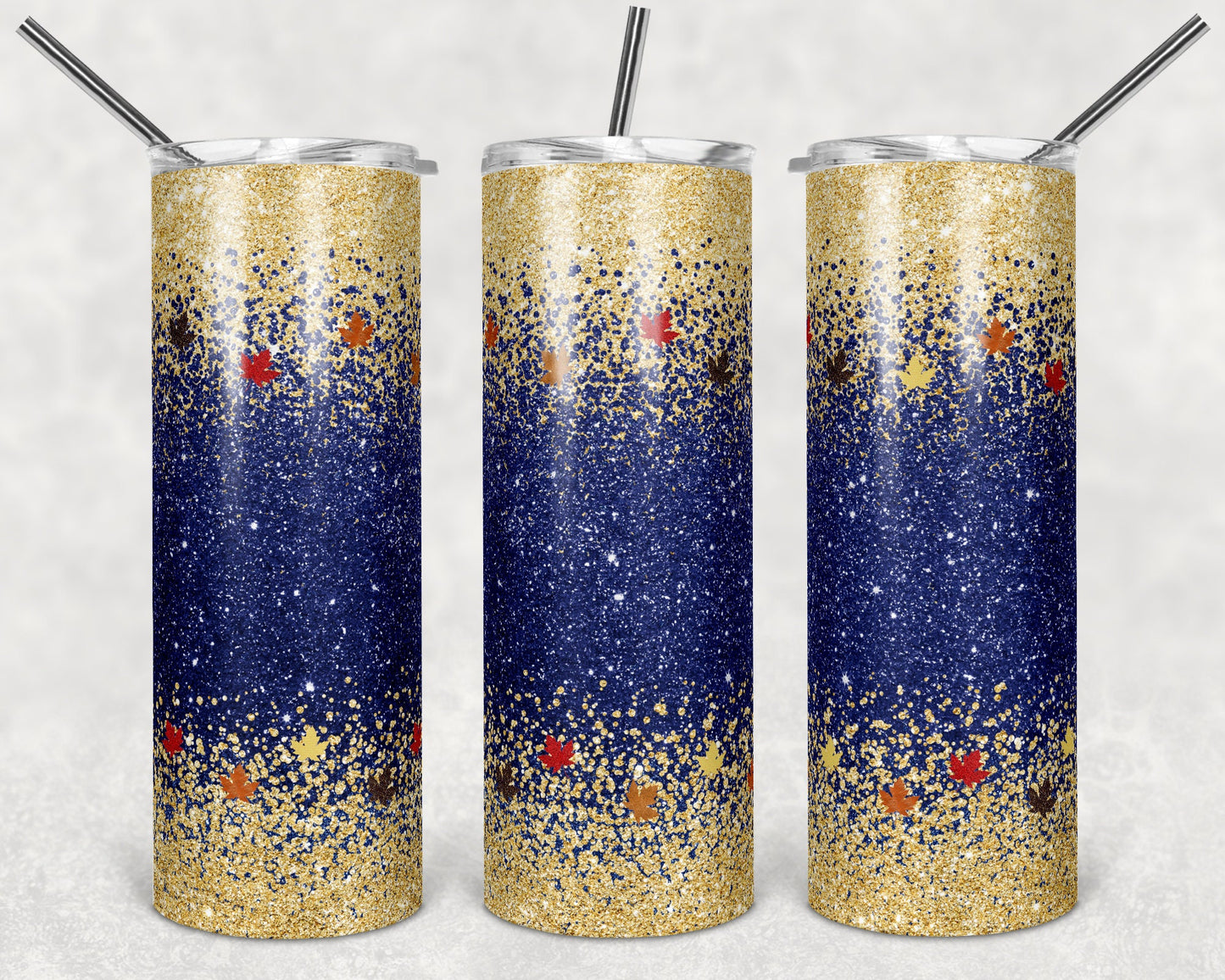 20 oz Skinny Tumbler Sublimation Design Template Glitter Ombre Navy Fall Leaves Fall Straight Warped Design