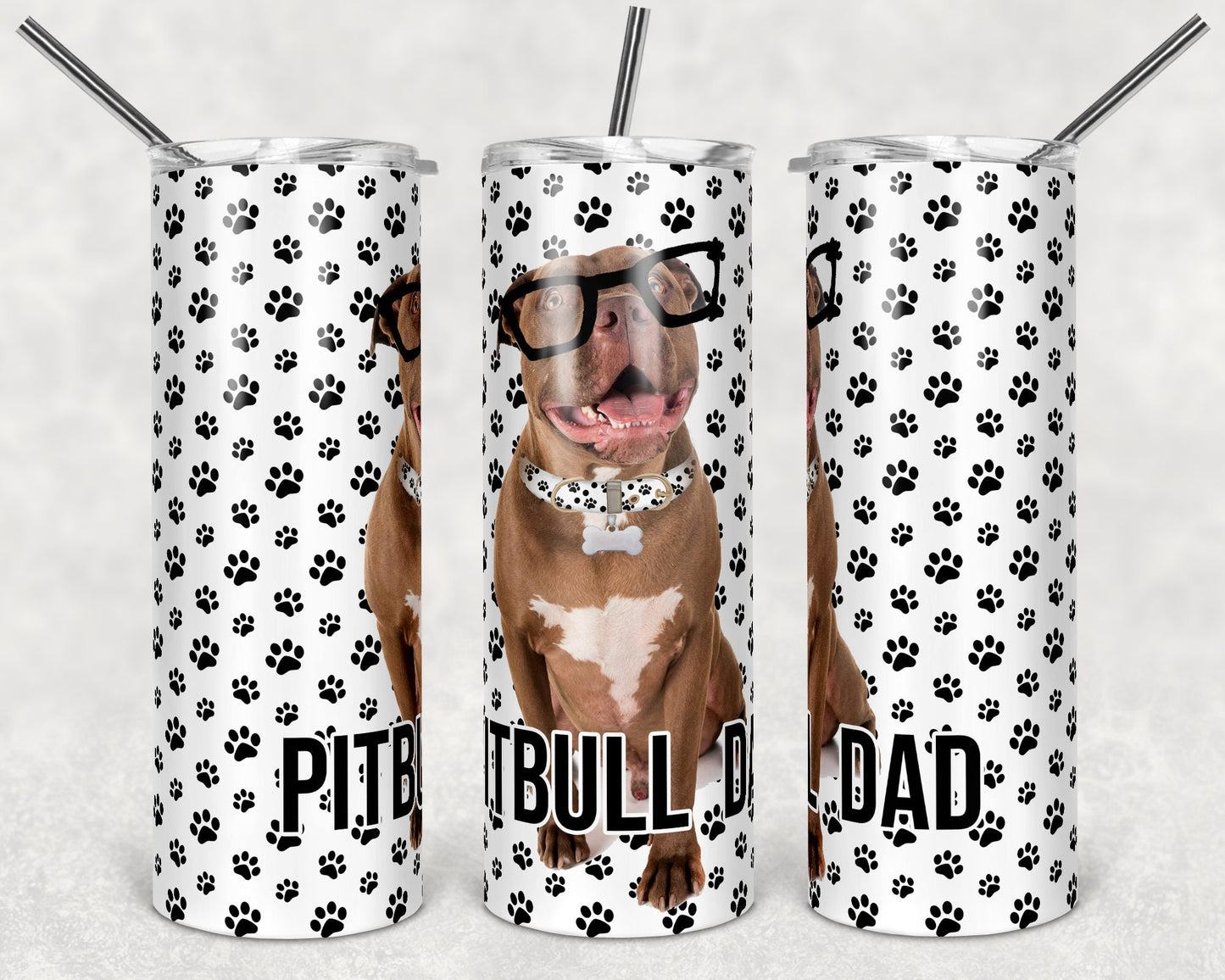 20 oz Skinny Tumbler Sublimation Brown Pitbull Pitty Dog Dad Paw Prints Template Straight
