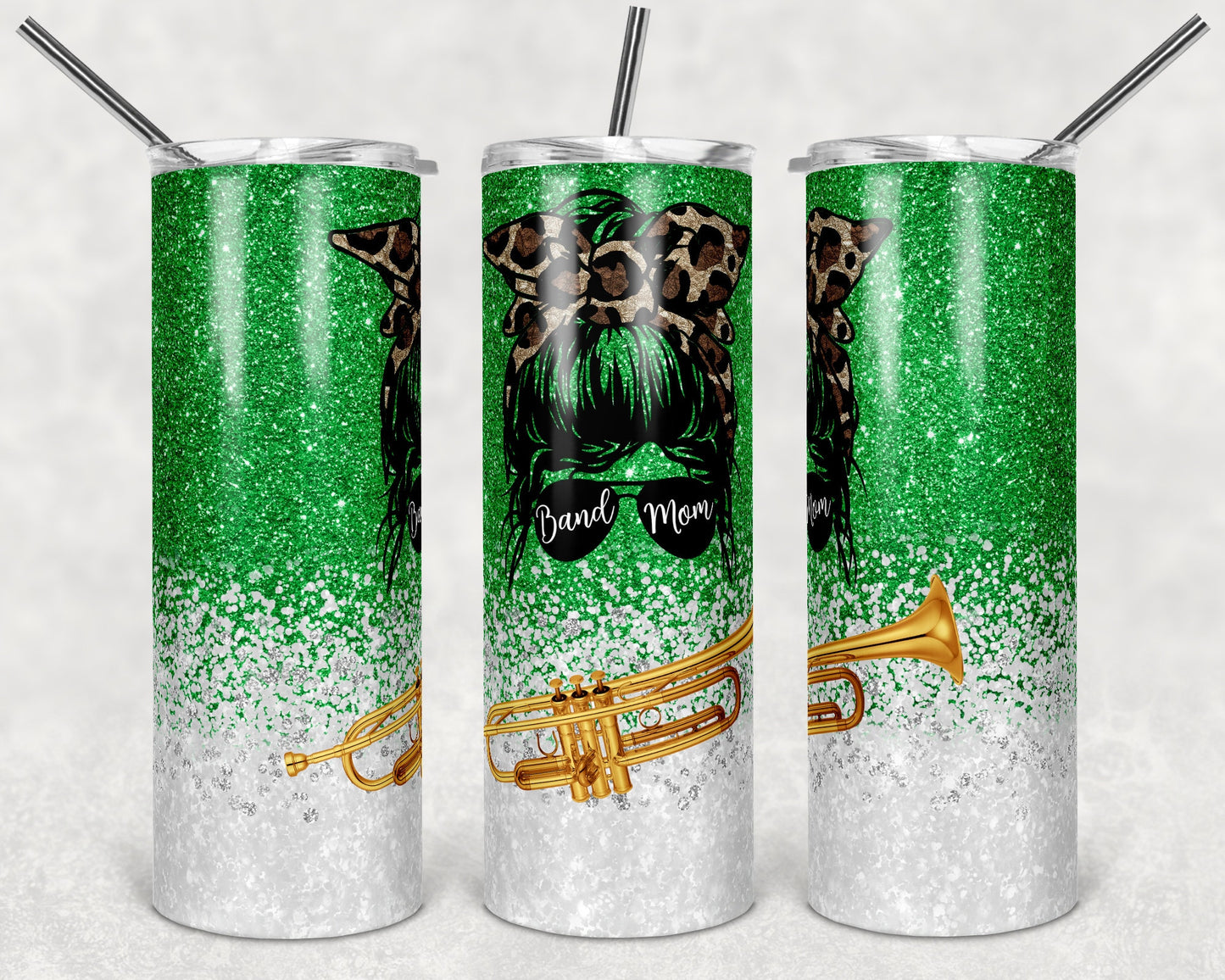 20 oz Skinny Tumbler Band Mom Glitter Green Music trombone Sublimation Design Template Design