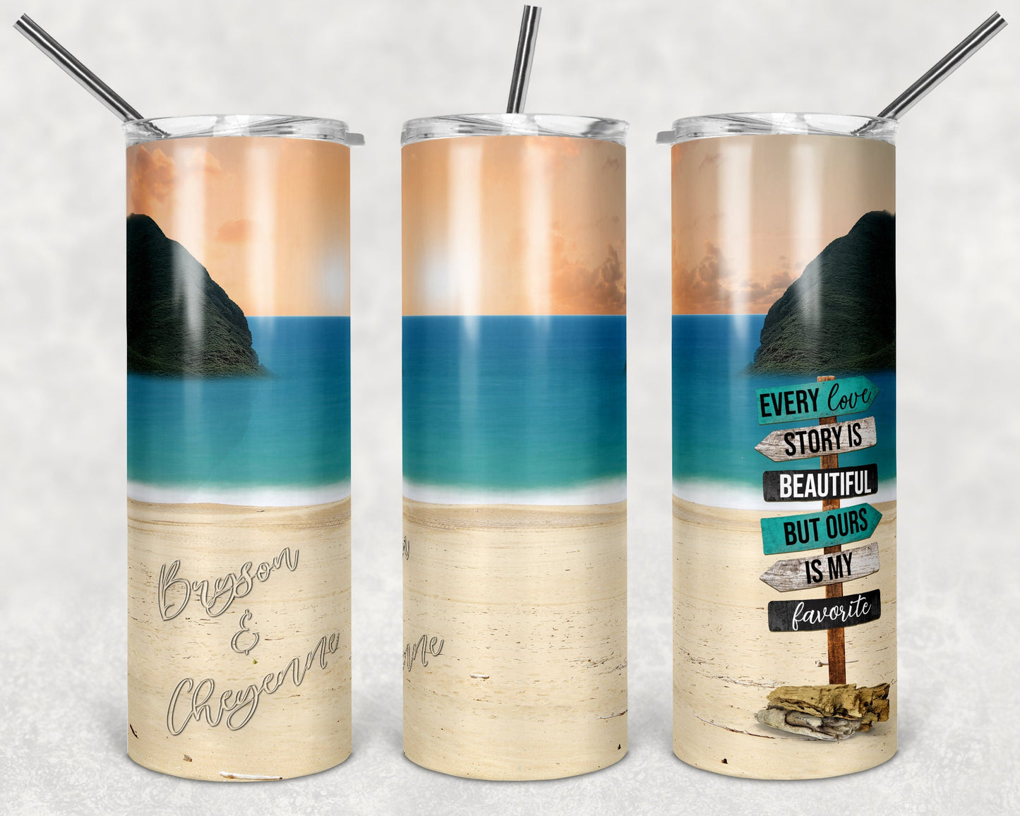 20 oz Skinny Tumbler Sublimation Design Template Beach Ocean Directional Sign Every Love Story is Beautiful Inst
