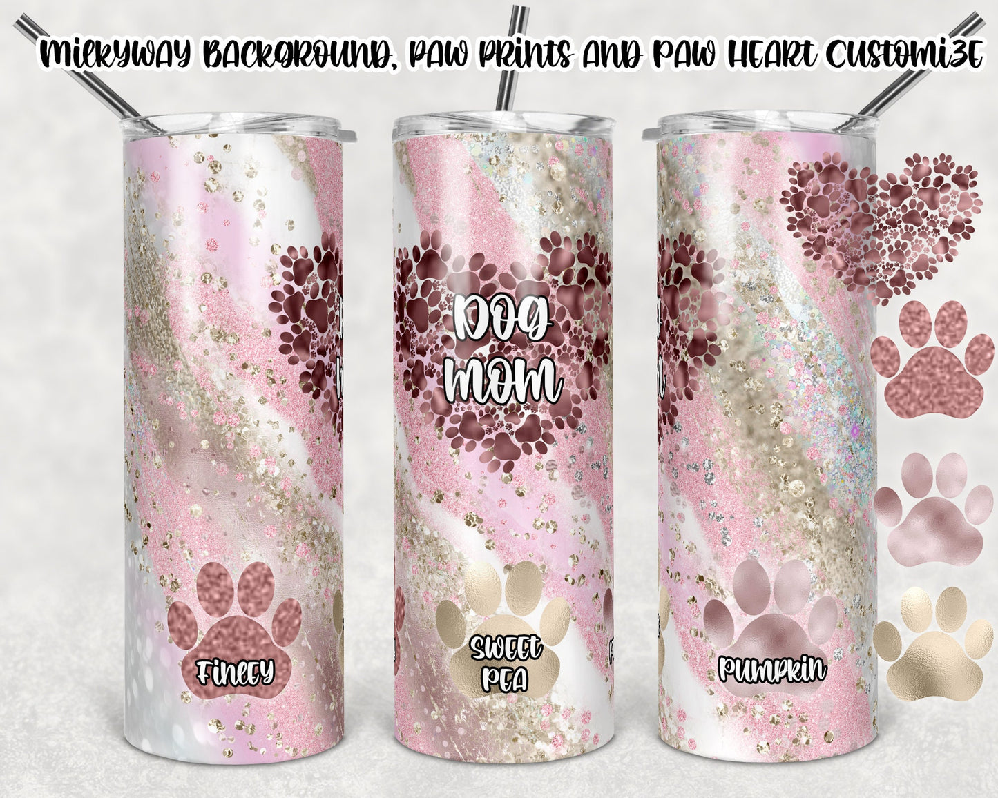 20 oz Skinny Tumbler Sublimation Template Agate Milky Way Paw Dog Mom Customize Design