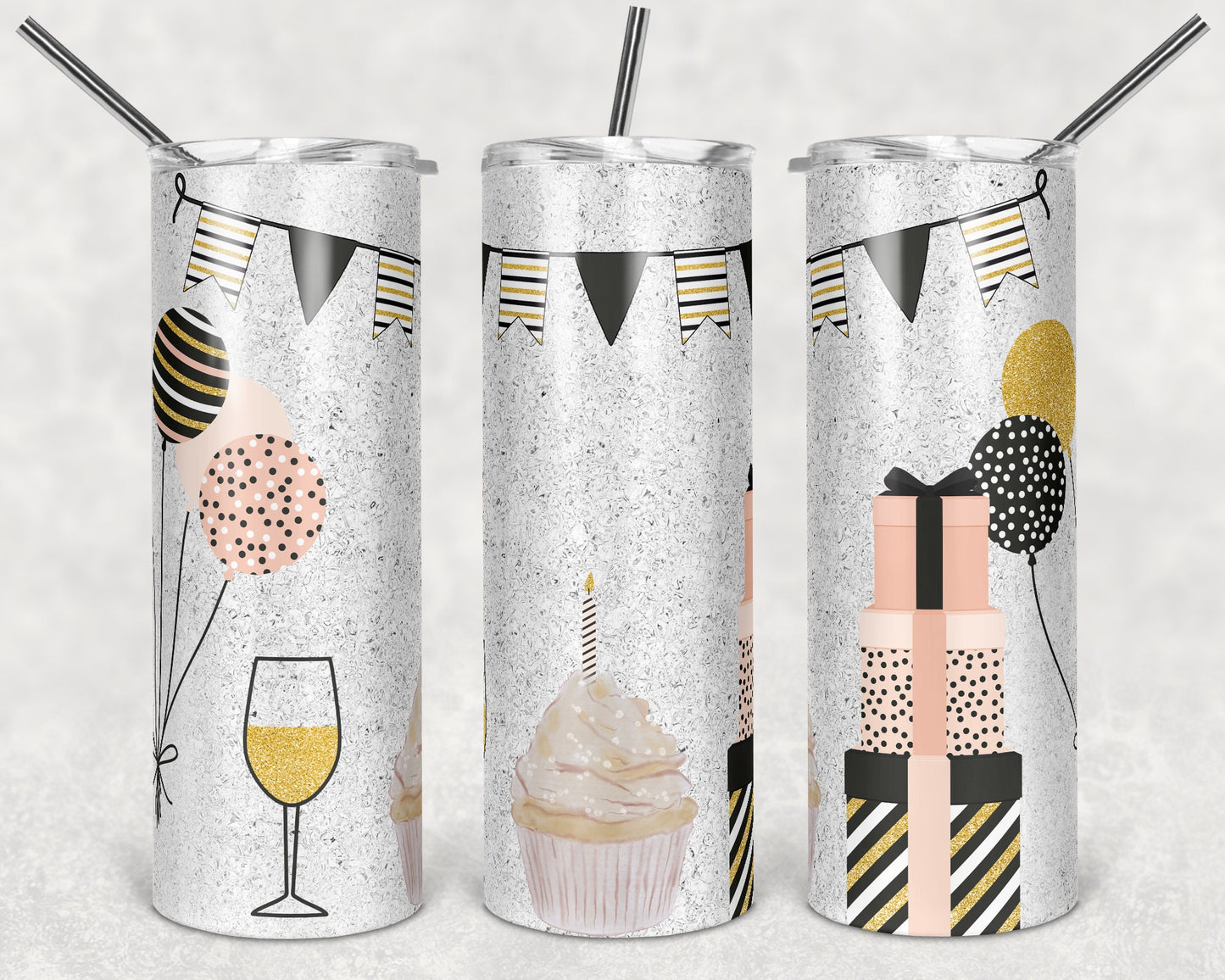 20 oz Skinny Tumbler Sublimation Glitter Birthday blank and Happy Birthday Straight and Warped Design