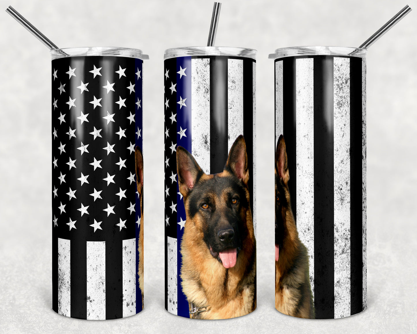 20 oz Skinny Tumbler Sublimation Design Template Blue Line Police Flag k9 German Shepherd Straight Design