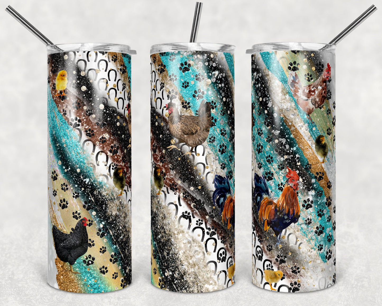 20 oz Skinny Tumbler Sublimation Milky Way Paw horse shoe chicken Copper Teal Glitter Straight Design