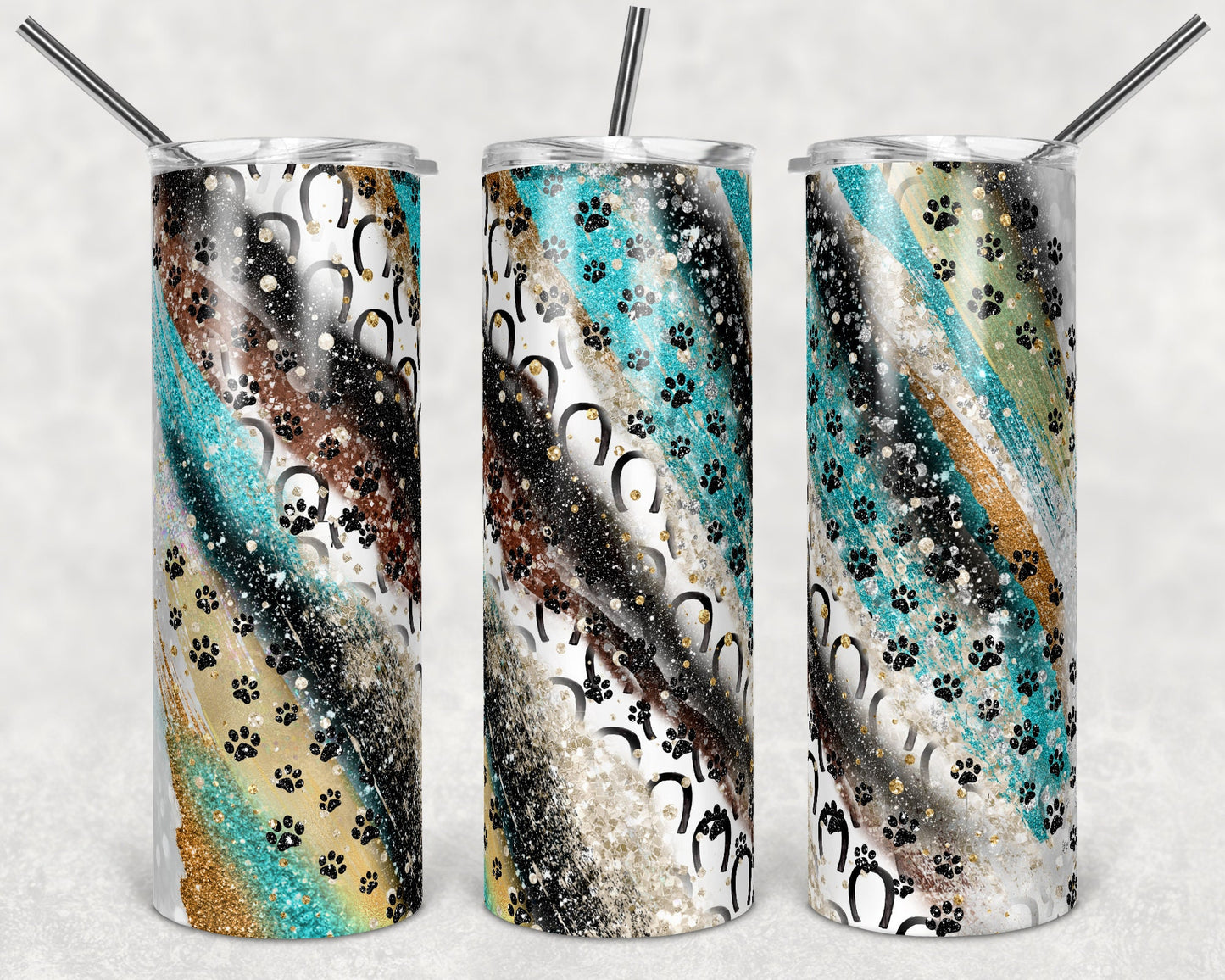 20 oz Skinny Tumbler Sublimation Milky Way Paw horse shoe Copper Teal Glitter Straight Design